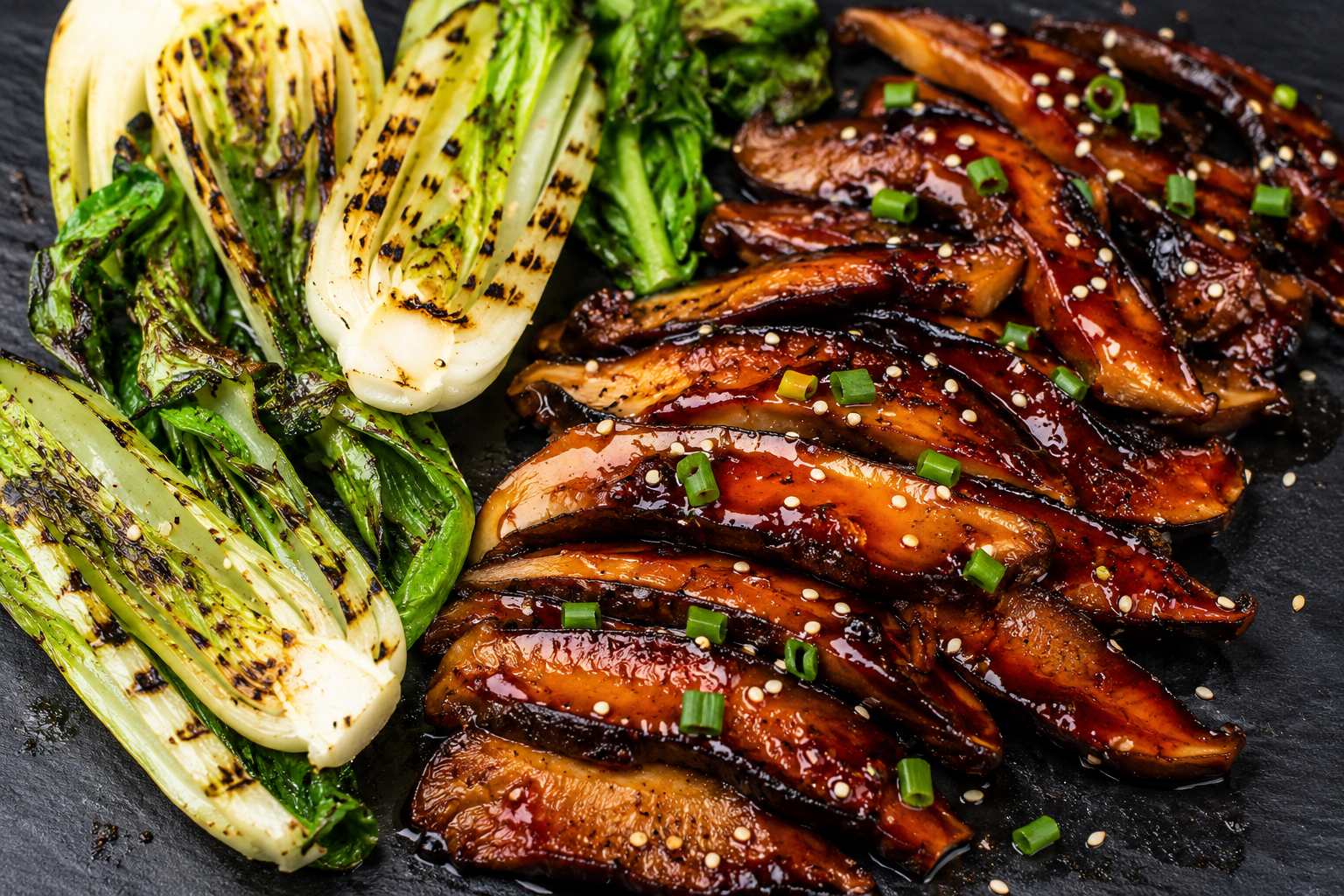 Teriyaki glazed oyster mushroom steak served with rice and grilled greens