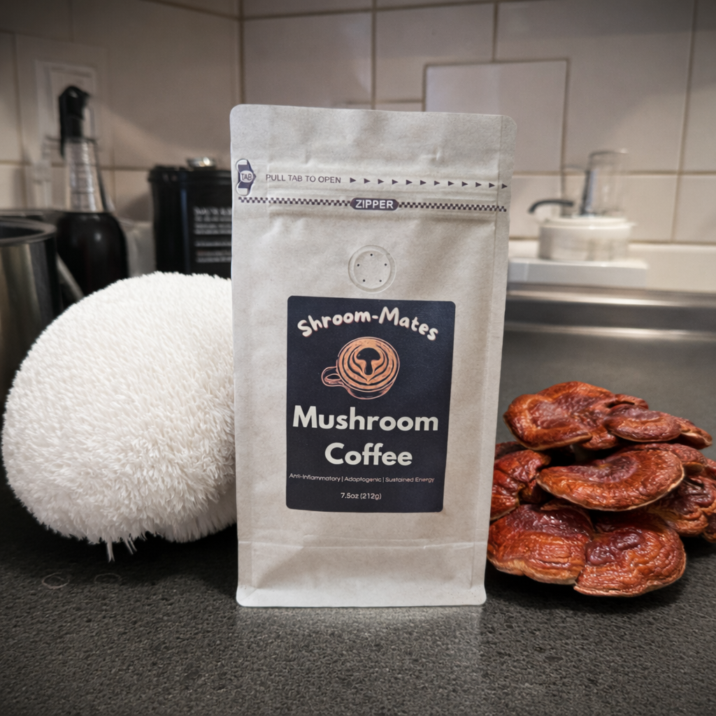 Shroom-Mates mushroom coffee pouch with Lion’s Mane and red Reishi mushrooms on a kitchen counter