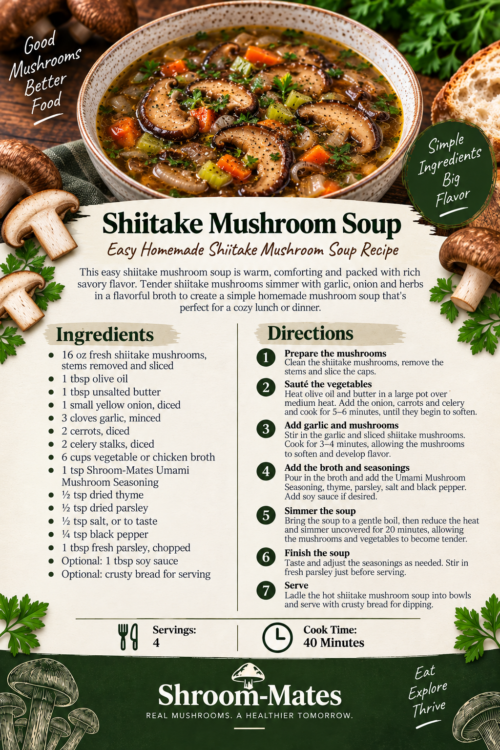 Shiitake mushroom soup recipe card featuring fresh shiitake mushrooms, vegetables, savory broth, ingredients, cooking directions, and serving information.