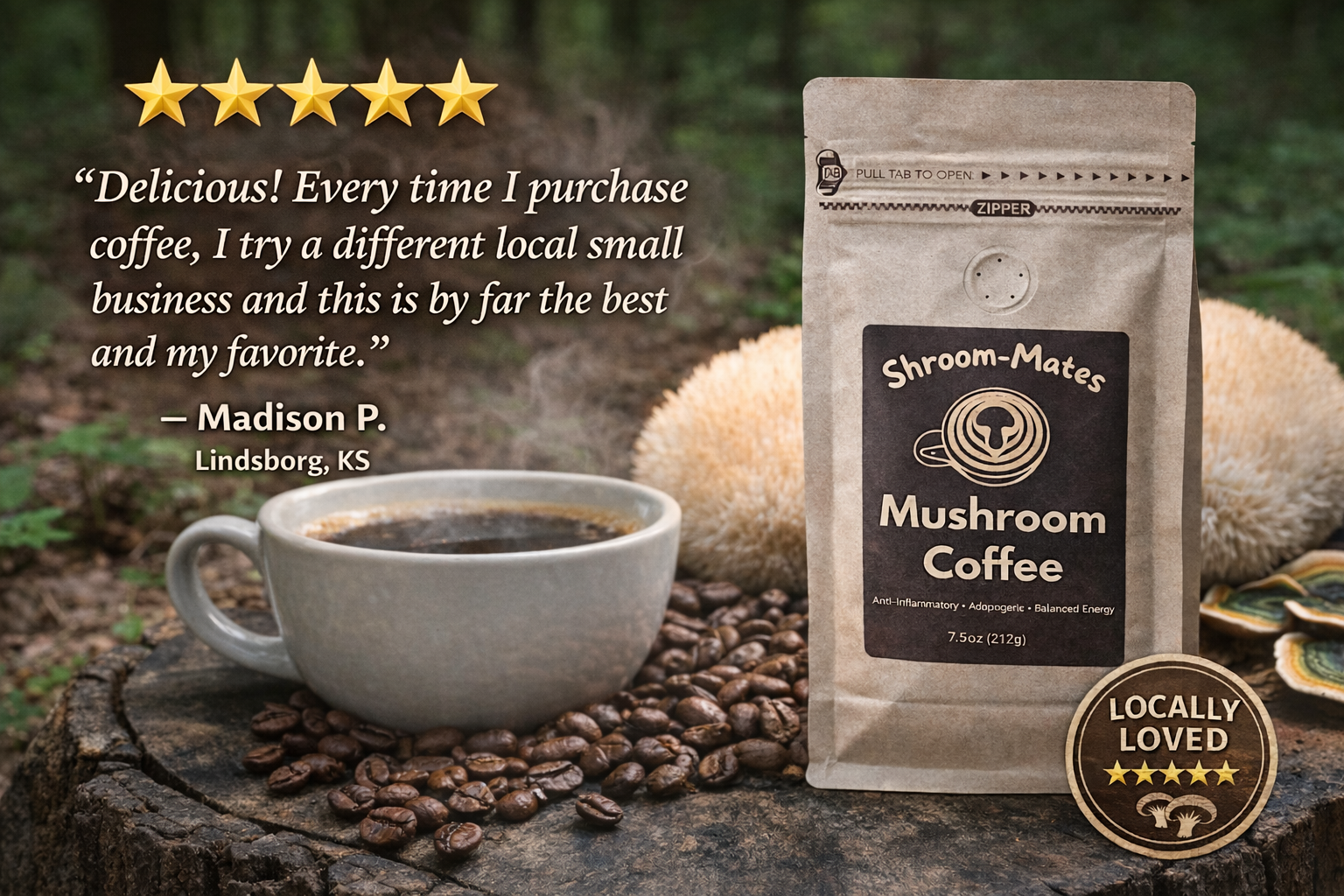 A package of Shroom Mates Mushroom Coffee standing on a tree stump among scattered coffee beans, with a mug of black coffee and a couple of mushrooms in the background, outdoors in a forest setting.
