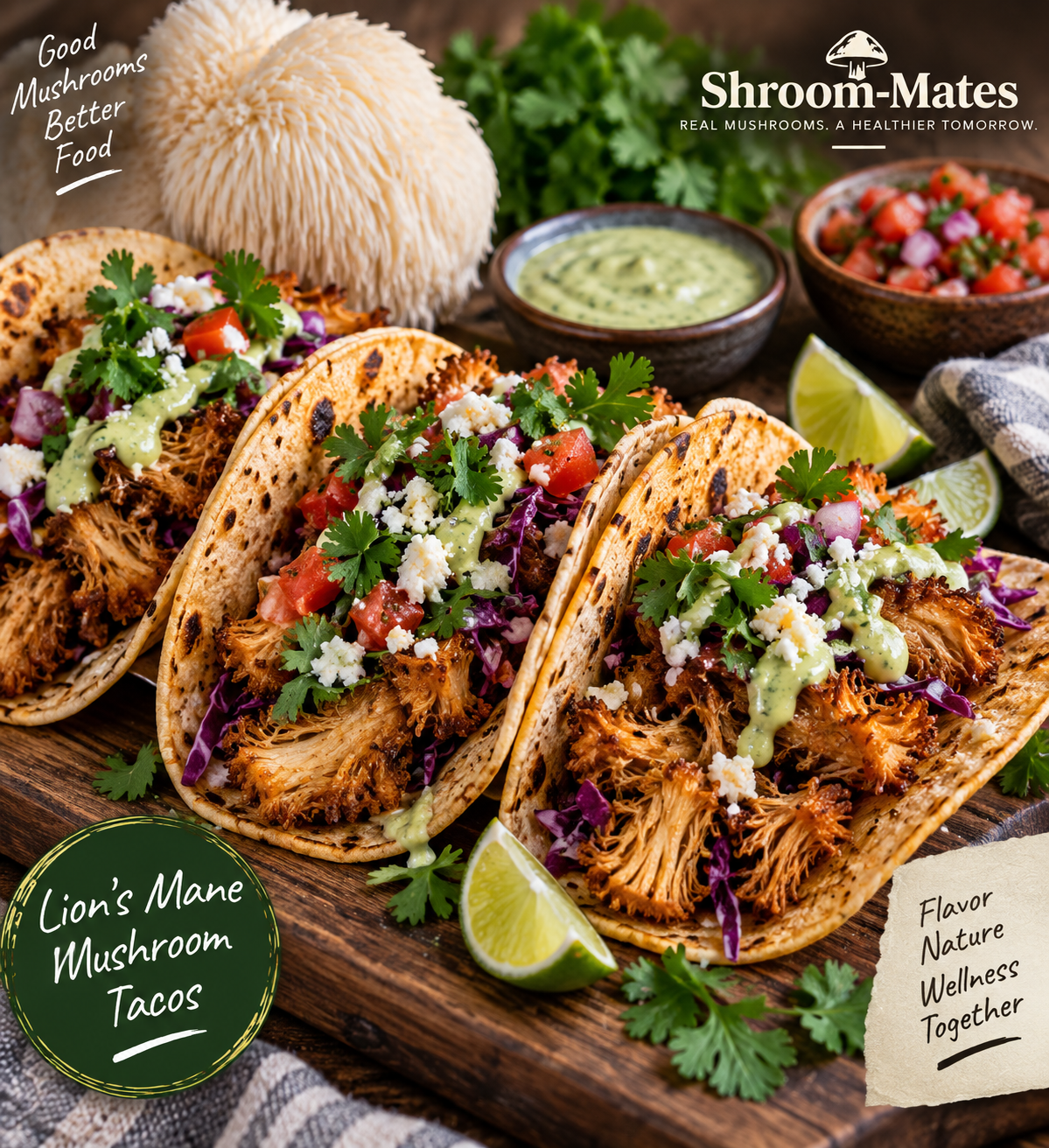 Crispy Lion’s Mane mushroom tacos with seasoned mushrooms, purple cabbage, fresh tomatoes, cilantro, queso fresco, avocado crema and lime wedges.