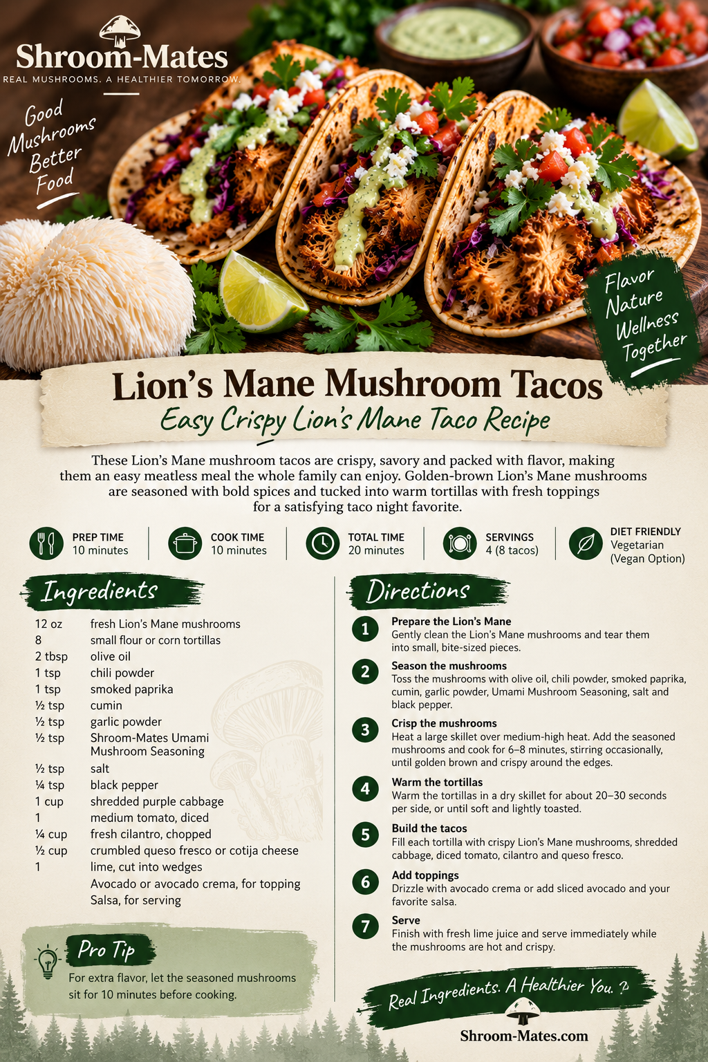 Make crispy Lion’s Mane mushroom tacos with bold spices, fresh cabbage, tomato, cilantro, avocado and lime. An easy, flavorful meatless taco recipe.