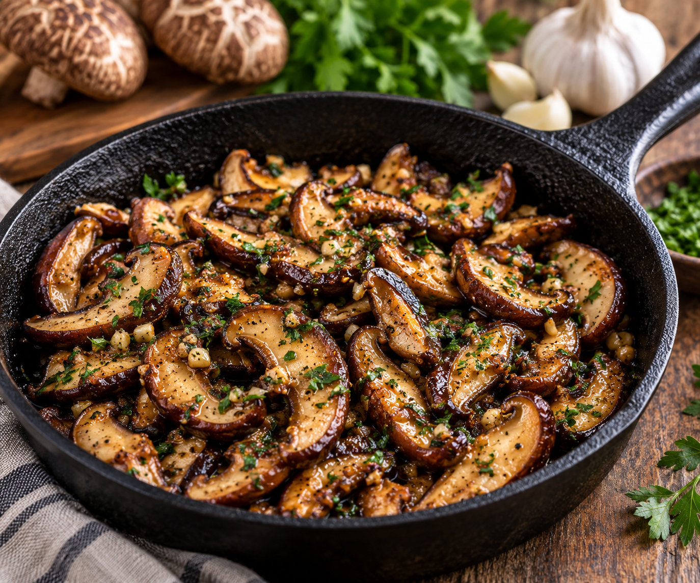 Garlic butter shiitake mushrooms sautéed with garlic, butter and fresh herbs