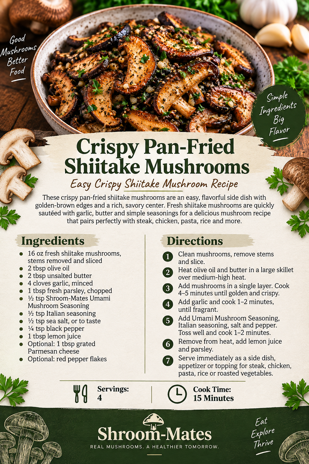 Crispy pan-fried shiitake mushrooms recipe card with ingredients and cooking directions.