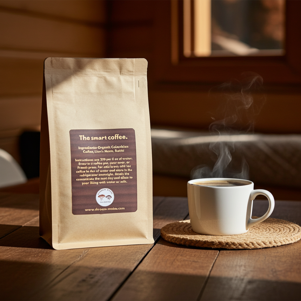 Back of Shroom-Mates mushroom coffee bag with brewing instructions