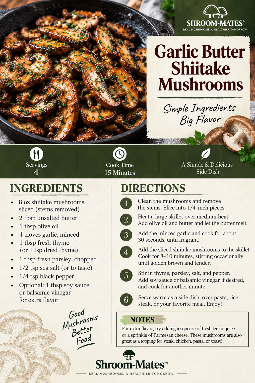 Garlic butter shiitake mushrooms recipe card with ingredients, cooking directions, serving suggestions, and recipe tips.