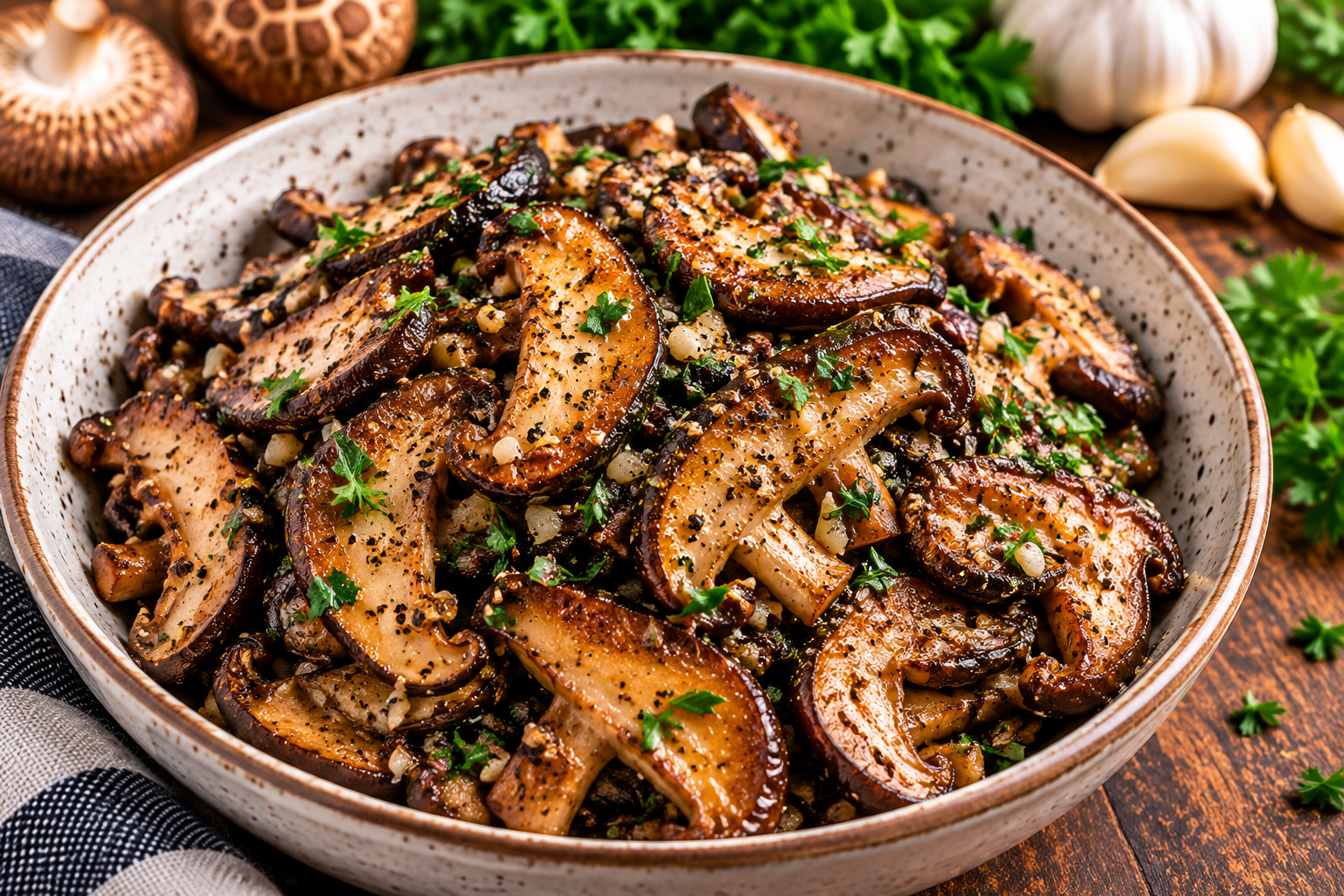 Golden-brown crispy pan-fried shiitake mushrooms sautéed with garlic, butter, herbs and parsley, served as a savory mushroom side dish.