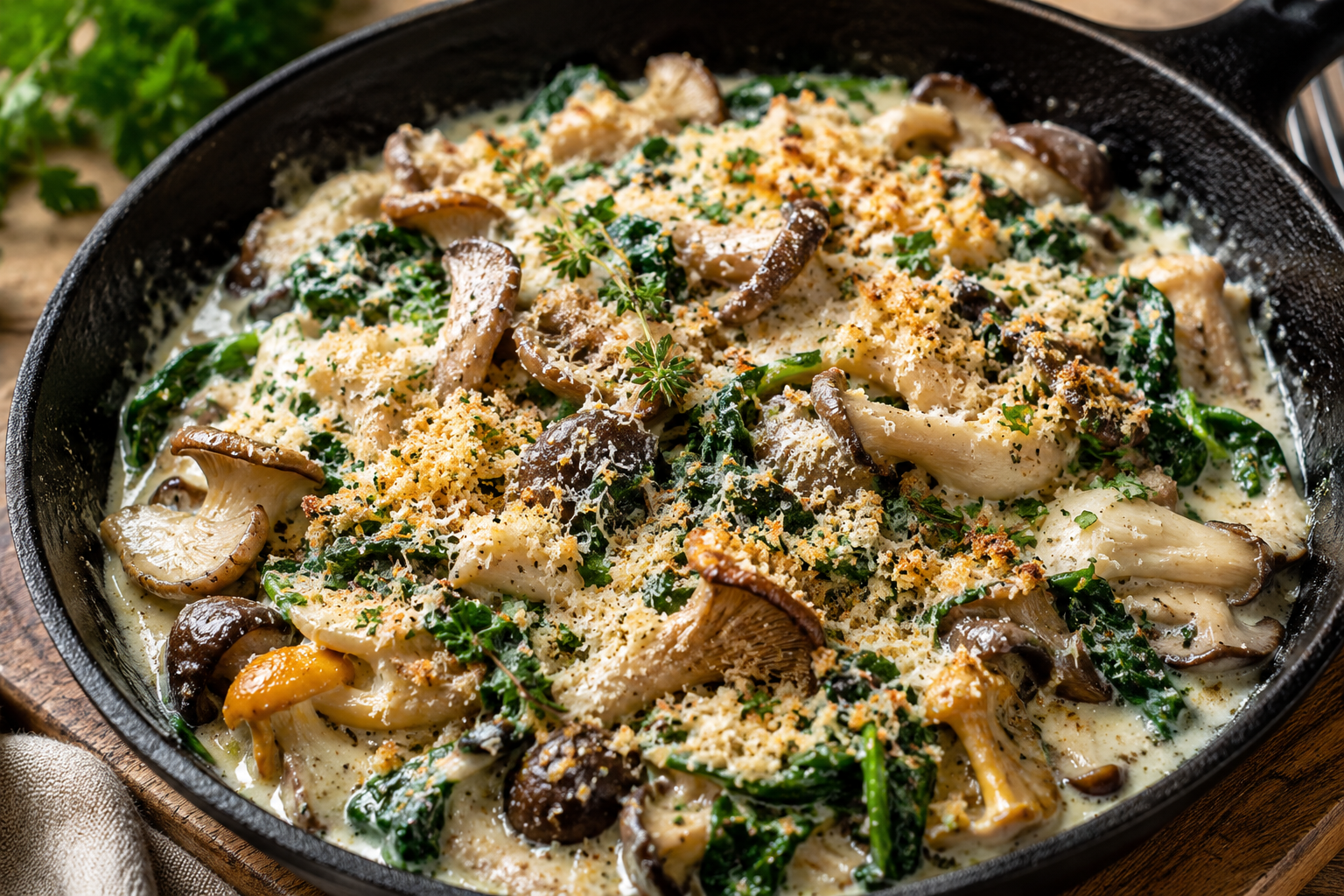 Baked Mushrooms Rockefeller with spinach, Parmesan and crispy breadcrumbs