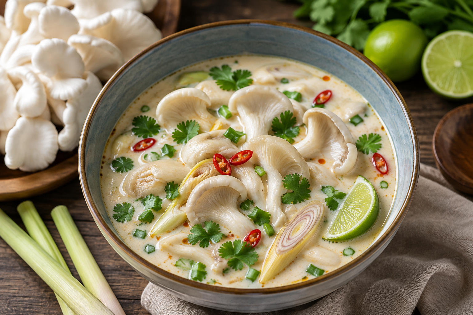 Thai coconut soup with snow oyster mushrooms, ginger, lemongrass and lime