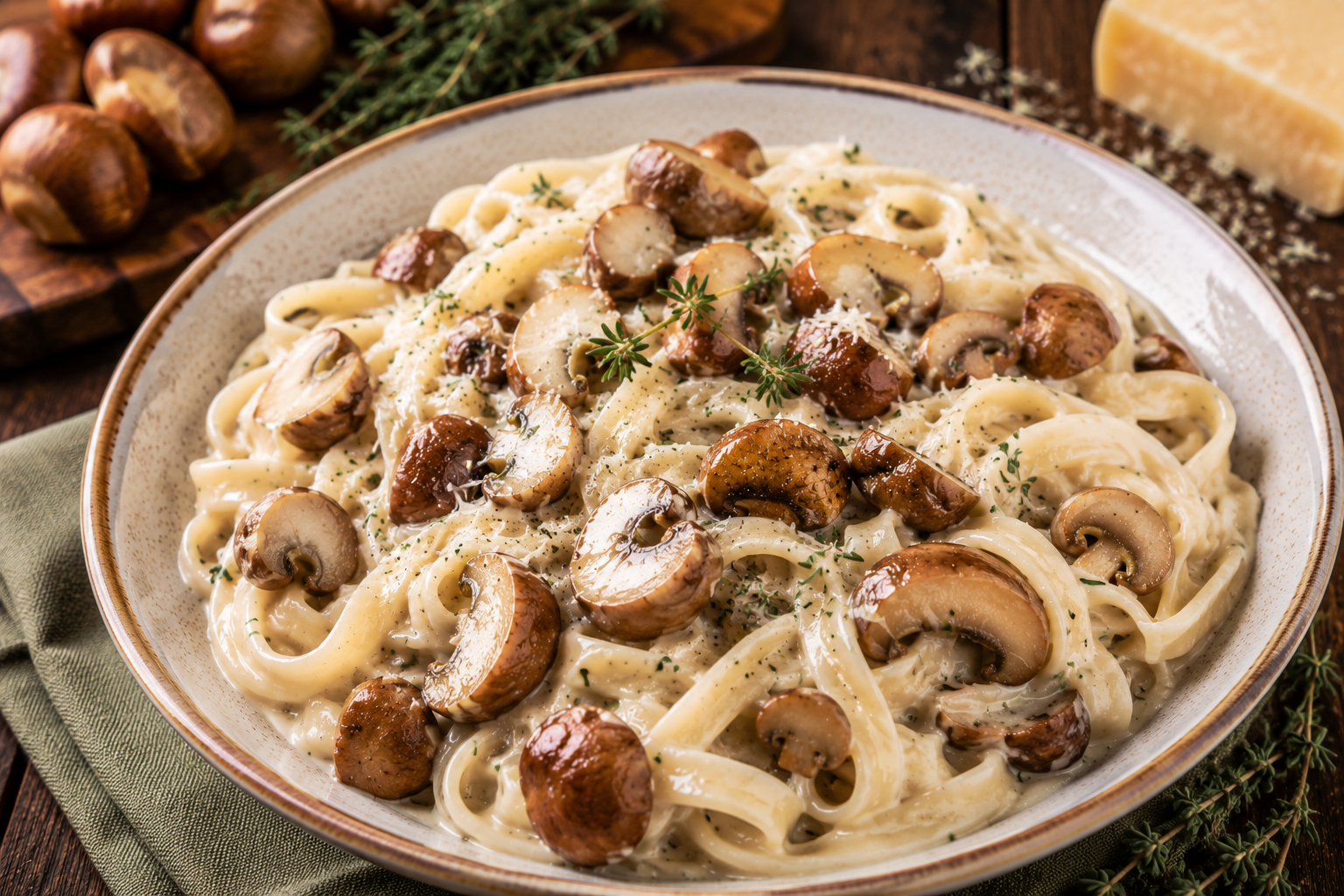 Creamy chestnut mushroom Alfredo pasta with sautéed chestnut mushrooms, Parmesan and fresh thyme