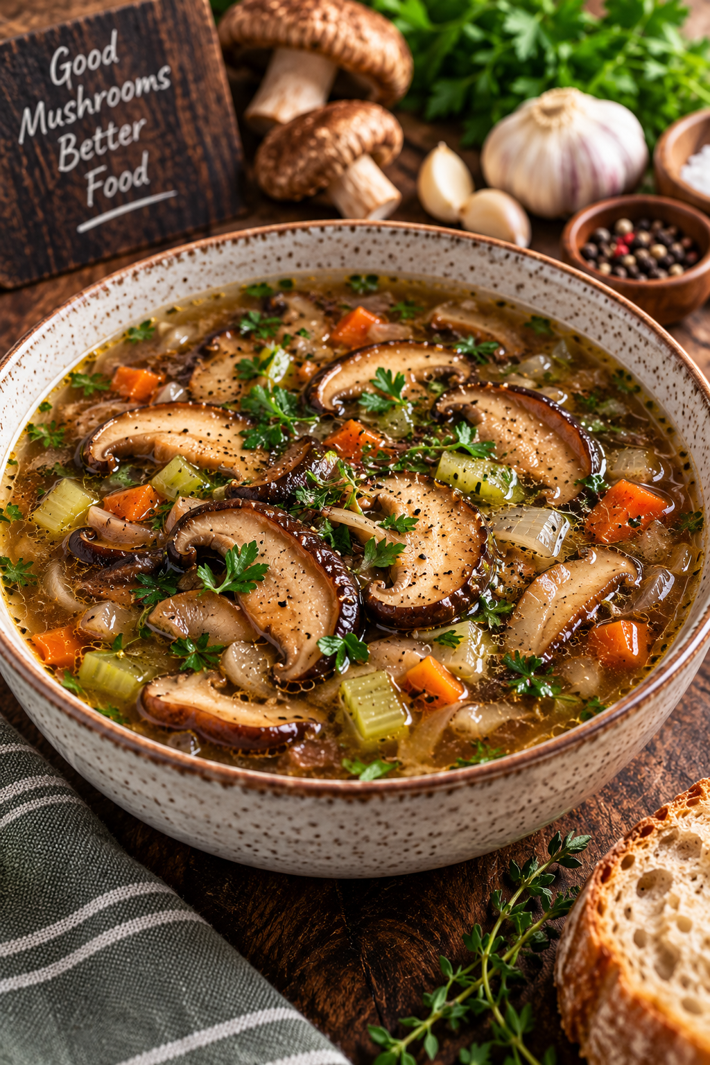 Homemade shiitake mushroom soup with sliced shiitake mushrooms, carrots, celery, onion and fresh herbs.
