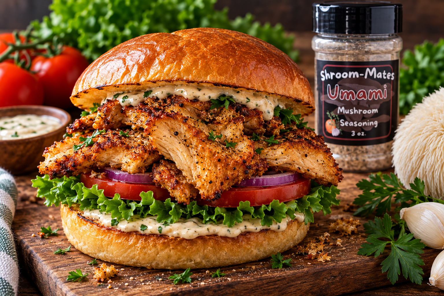 Crispy Lion’s Mane mushroom sandwich with golden-brown mushrooms, lettuce, tomato, red onion and creamy garlic aioli.