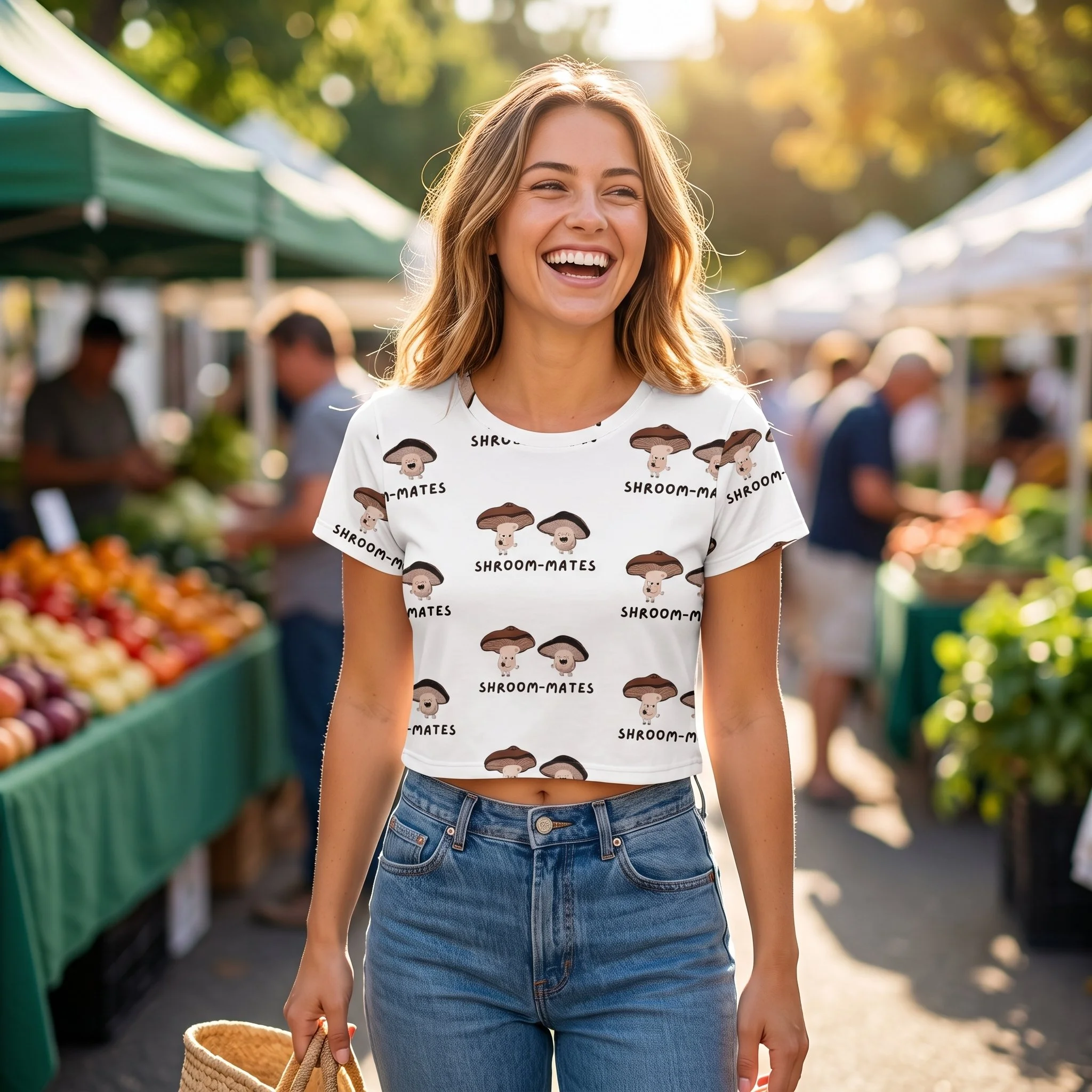 Mushroom Crop Top - "Farm Fresh Fungi" All-Over Print Stretch Festival Tee - Women's