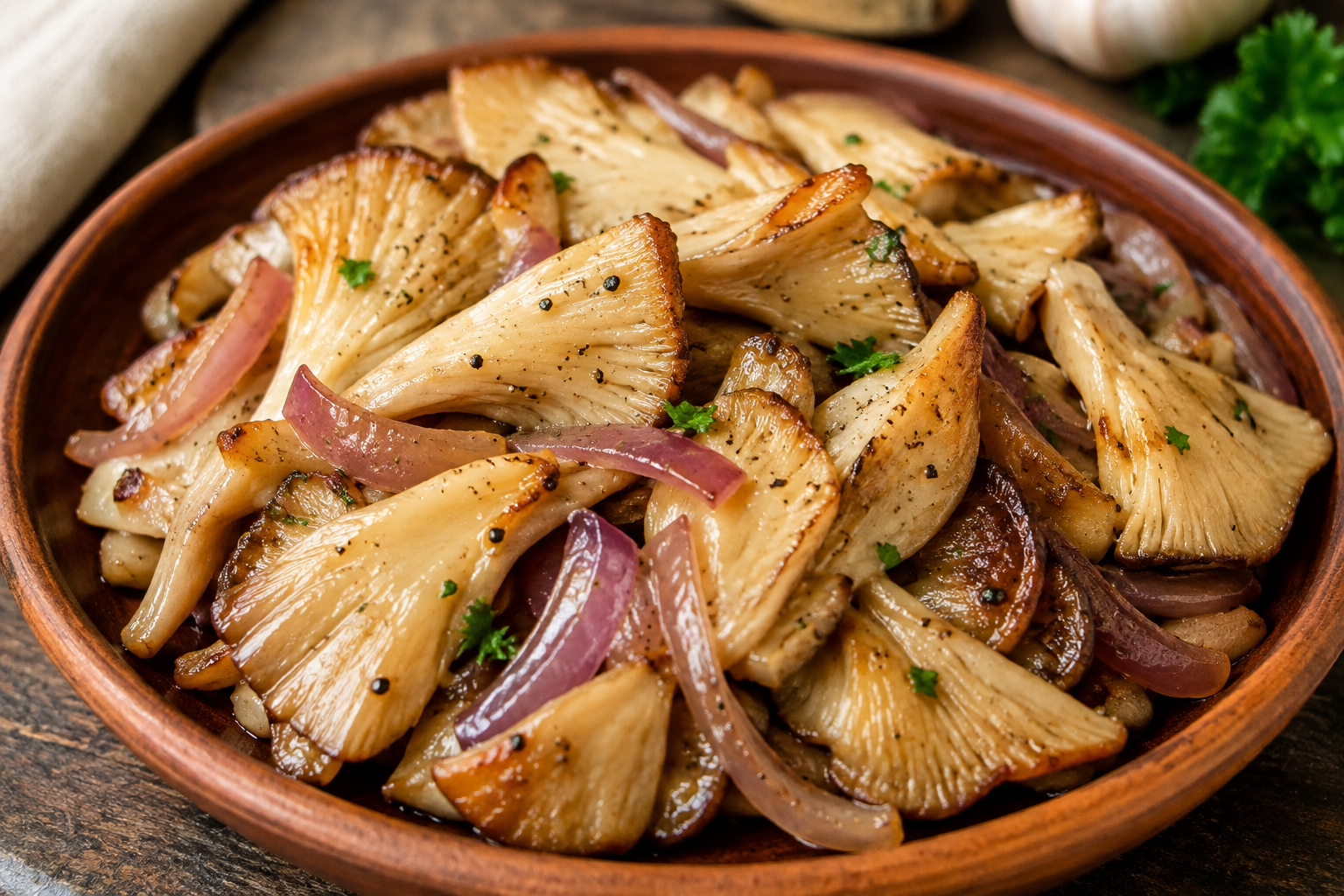 Sautéed oyster mushrooms with red onion, garlic and herbs