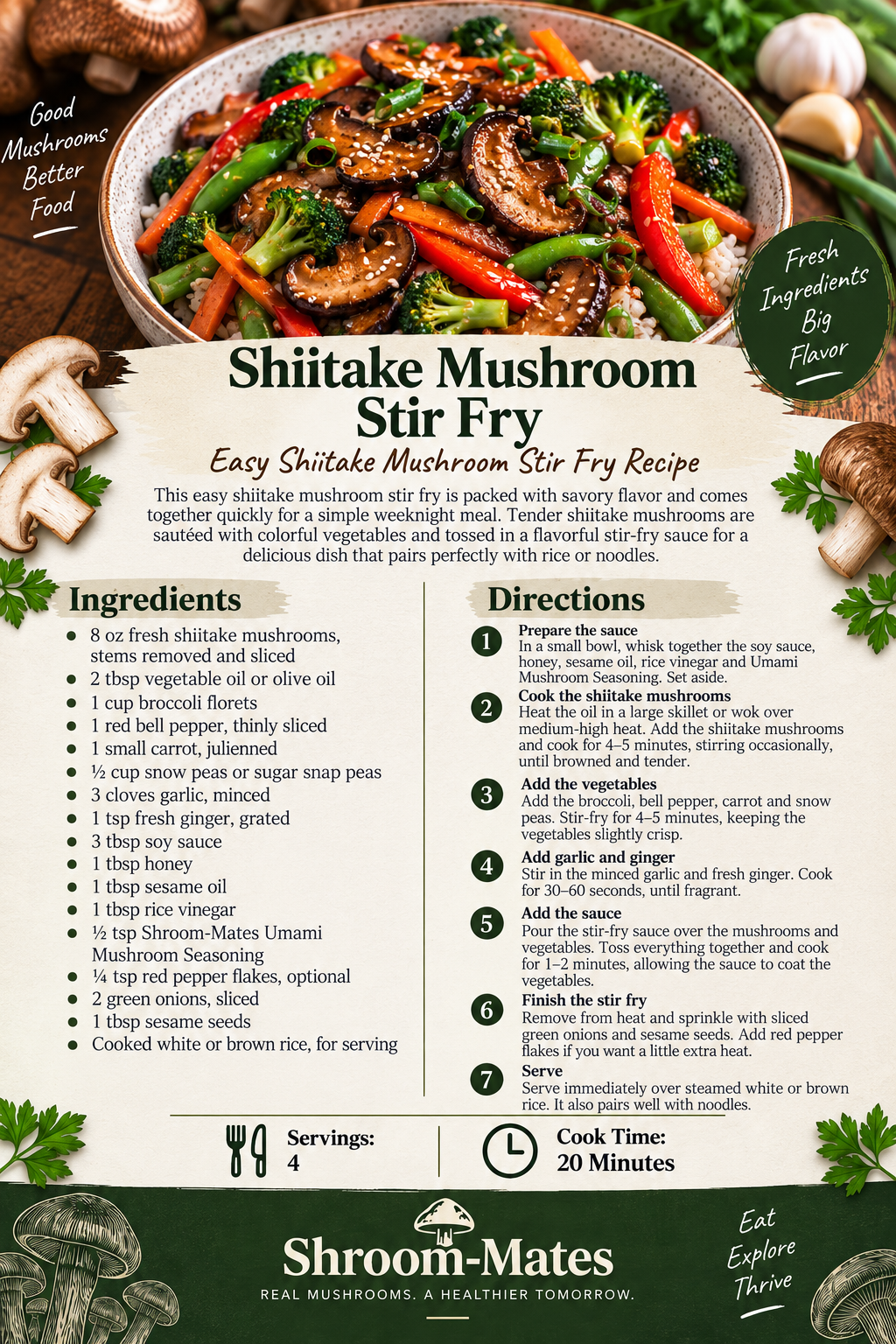Shiitake mushroom stir fry recipe card featuring fresh shiitake mushrooms, colorful vegetables, savory stir-fry sauce, ingredients, cooking directions, and serving information.
