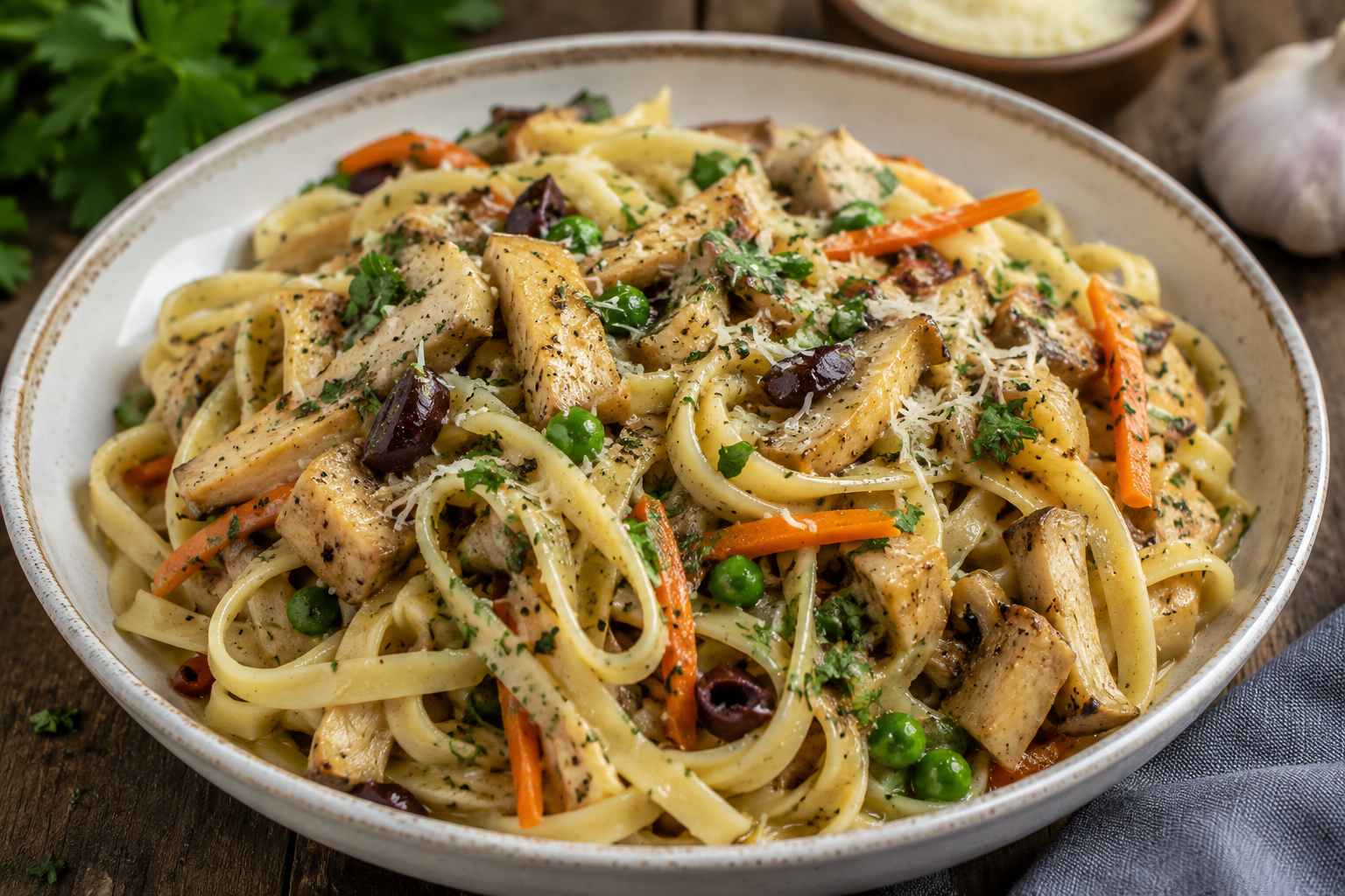 A bowl of creamy mushroom Alfredo pasta garnished with herbs, served on a wooden surface with garlic and parsley in the background.