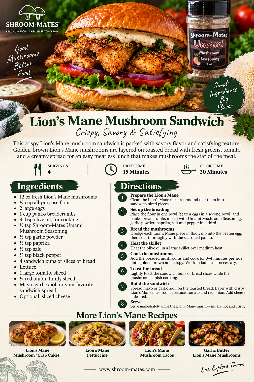 Make this crispy Lion’s Mane mushroom sandwich with golden-brown mushrooms, fresh lettuce, tomato, onion and creamy garlic aioli. An easy meatless lunch recipe.
