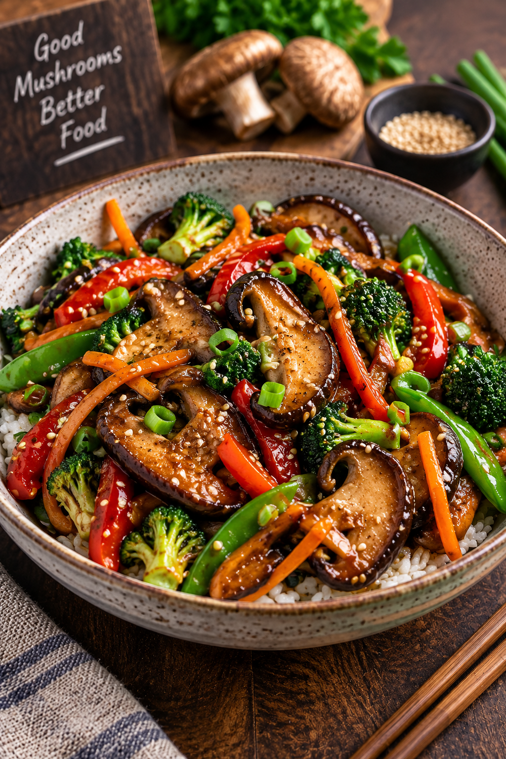 Shiitake mushroom stir fry with broccoli, bell peppers, carrots, snow peas and sesame seeds over rice.