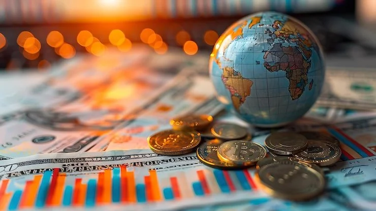 Small globe, various coins, and financial charts on a blurred background.