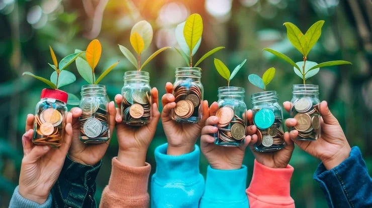 Five people holding glass jars with coins and small plants growing from them, symbolizing growth and savings.