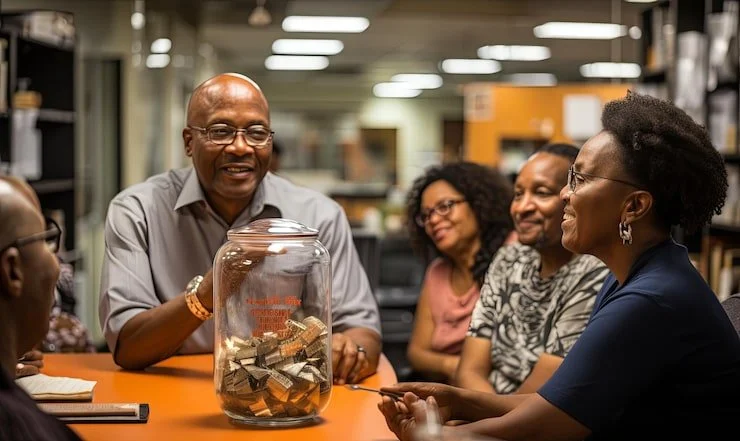 Group of five African American people smiling and talking around a table with a large jar of money in the center, in a workplace or office environment.