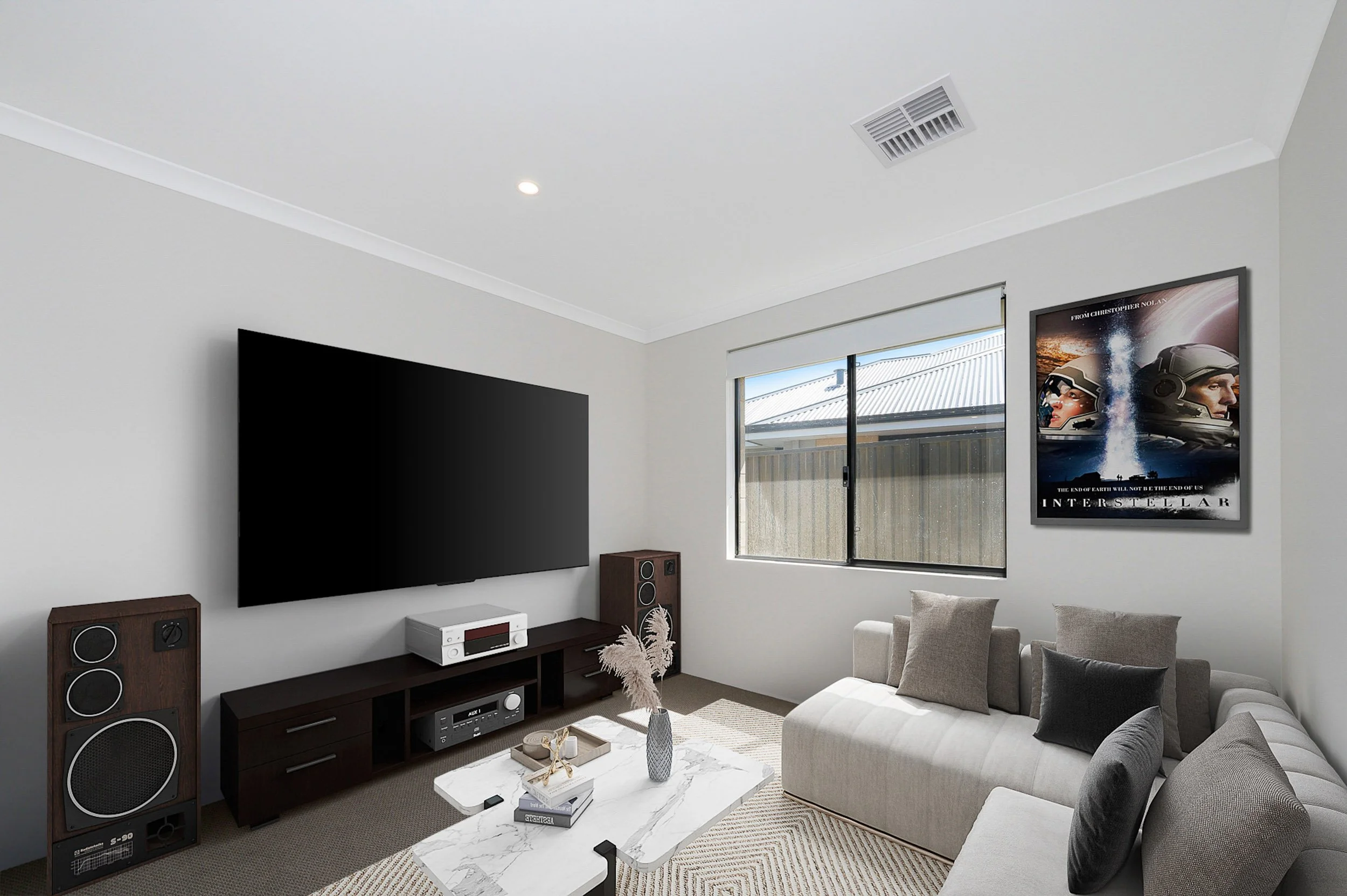 Virtually staged media room with a wall-mounted television, neutral seating and a timber console.