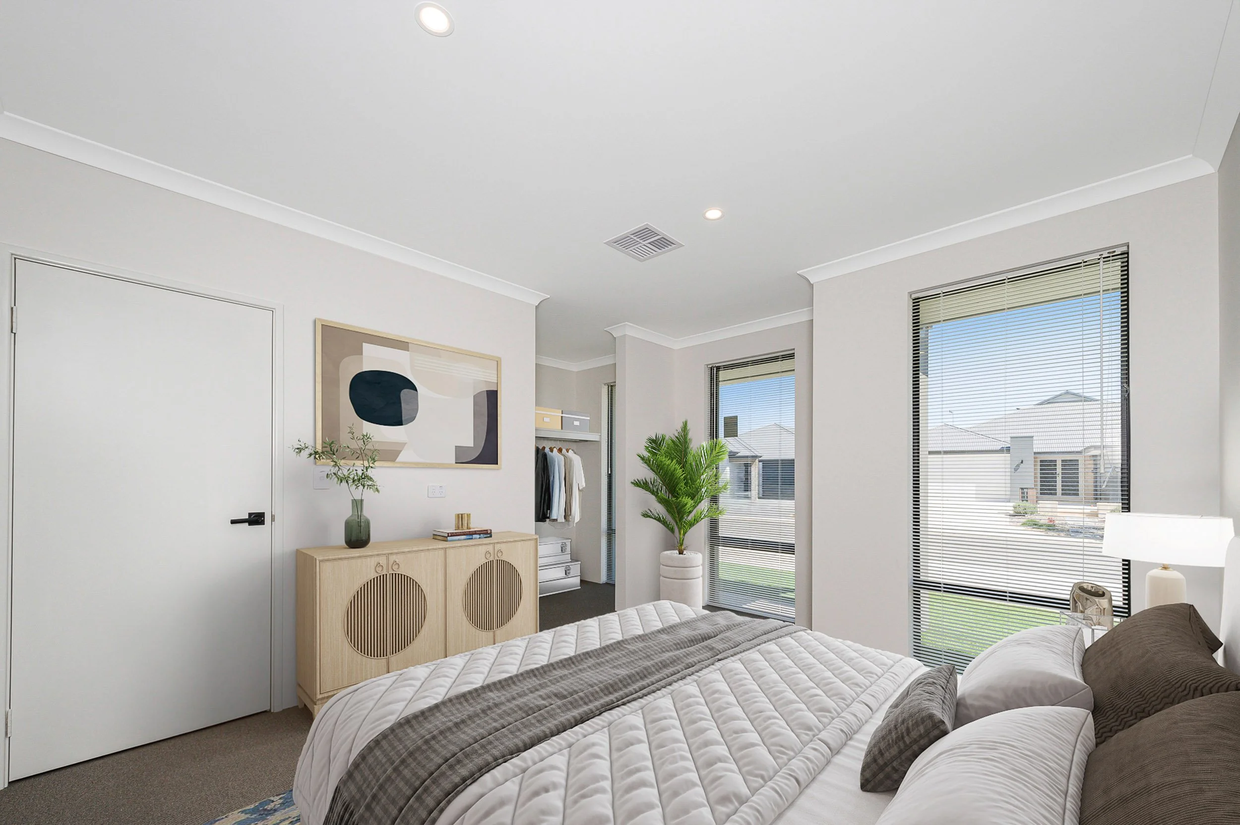 Virtually staged bedroom with grey bedding, a decorative cabinet and glazed doors overlooking the garden.