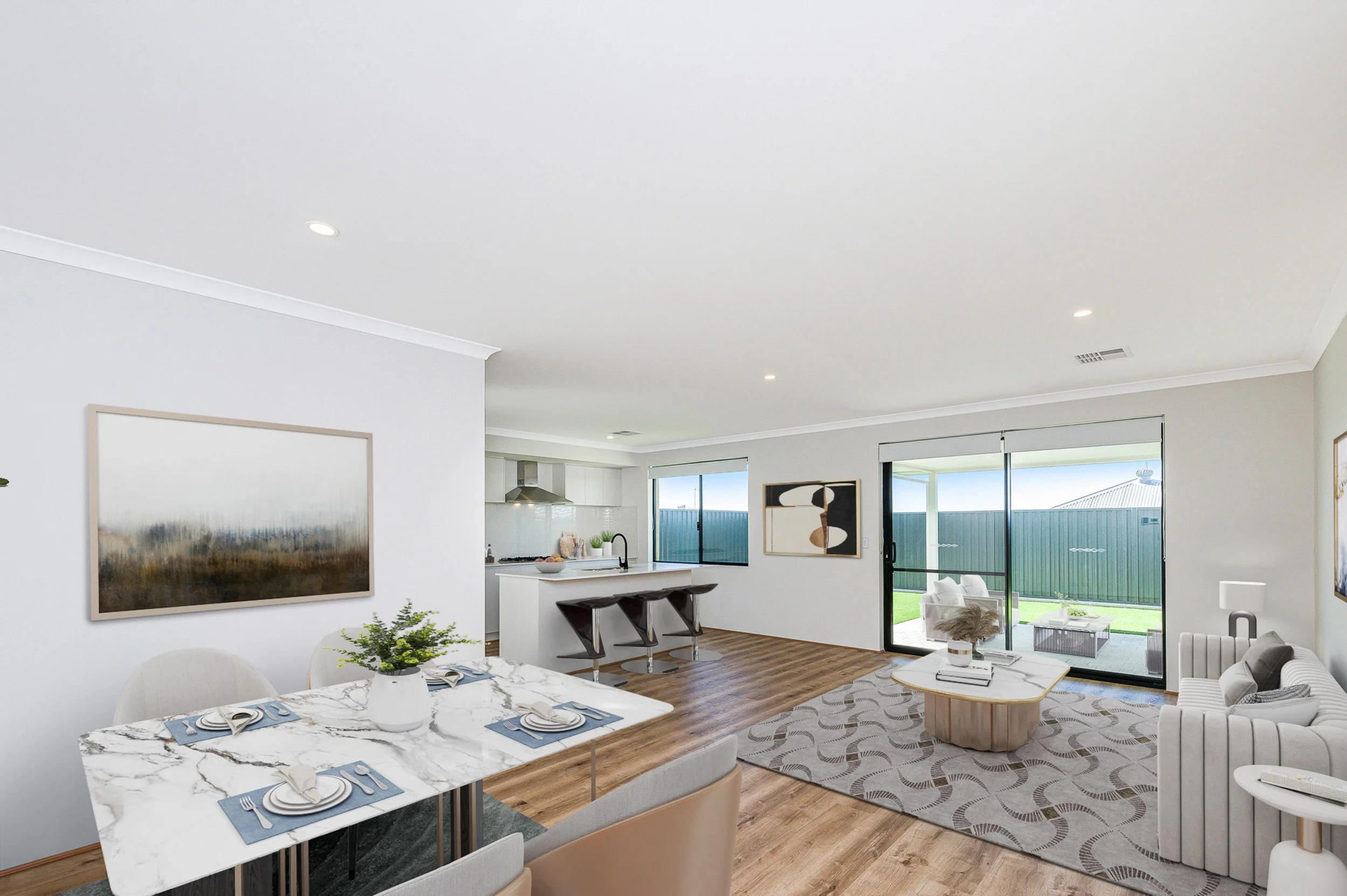 Virtually staged dining and living area with light furniture and timber flooring.