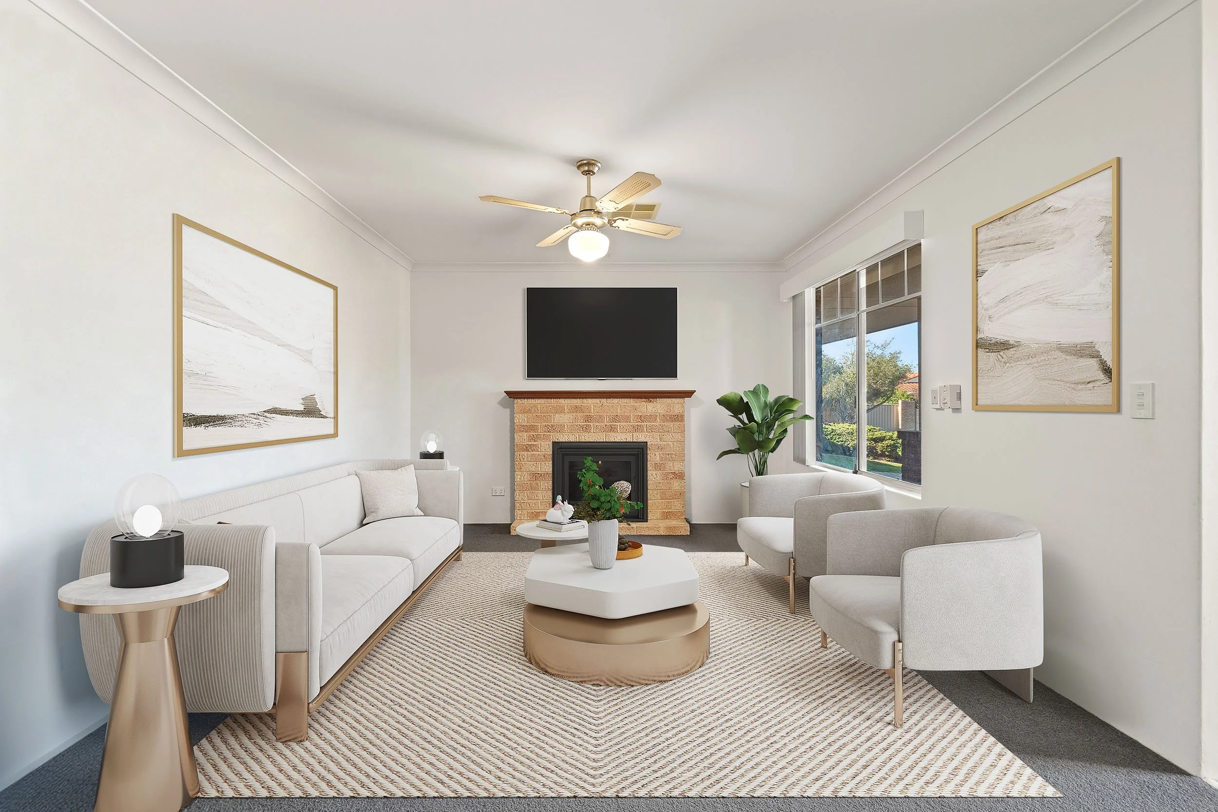 Virtually staged living room with pale sofas, a fireplace and large glazed doors.