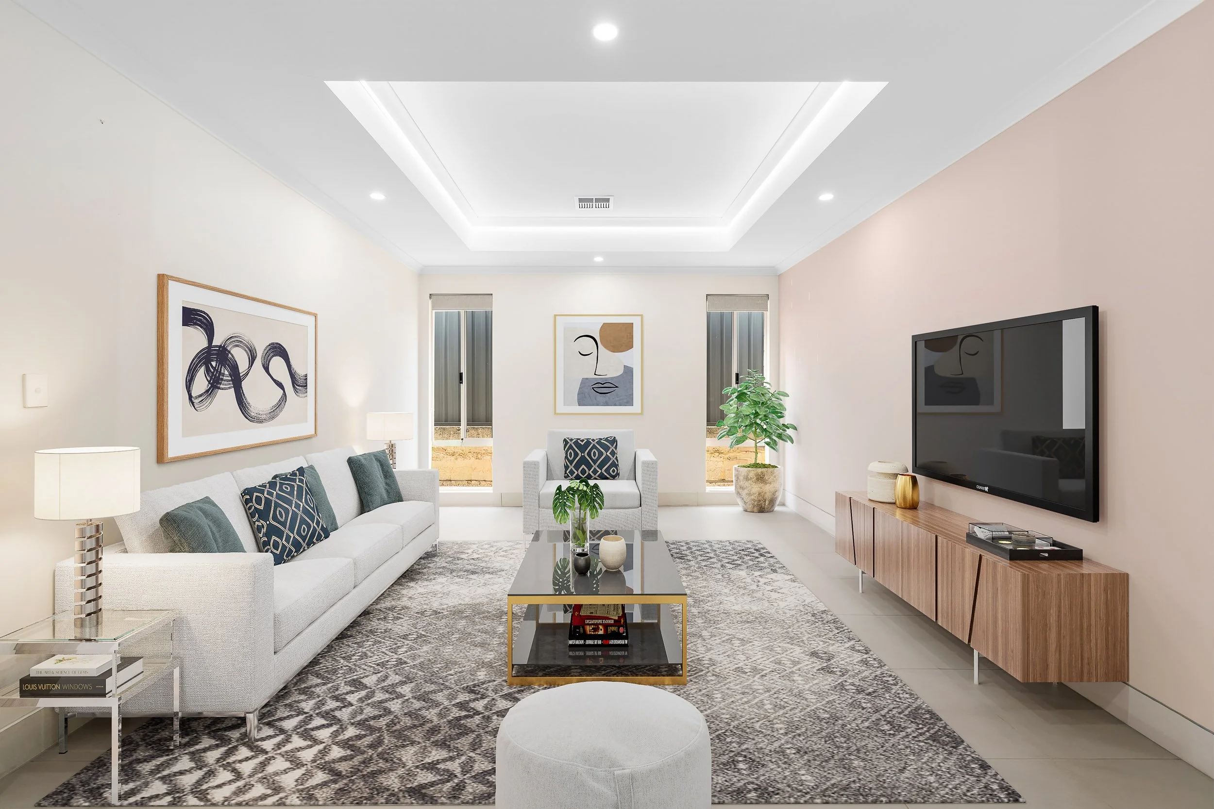 Virtually staged living room with a white sofa, patterned rug and timber television console.