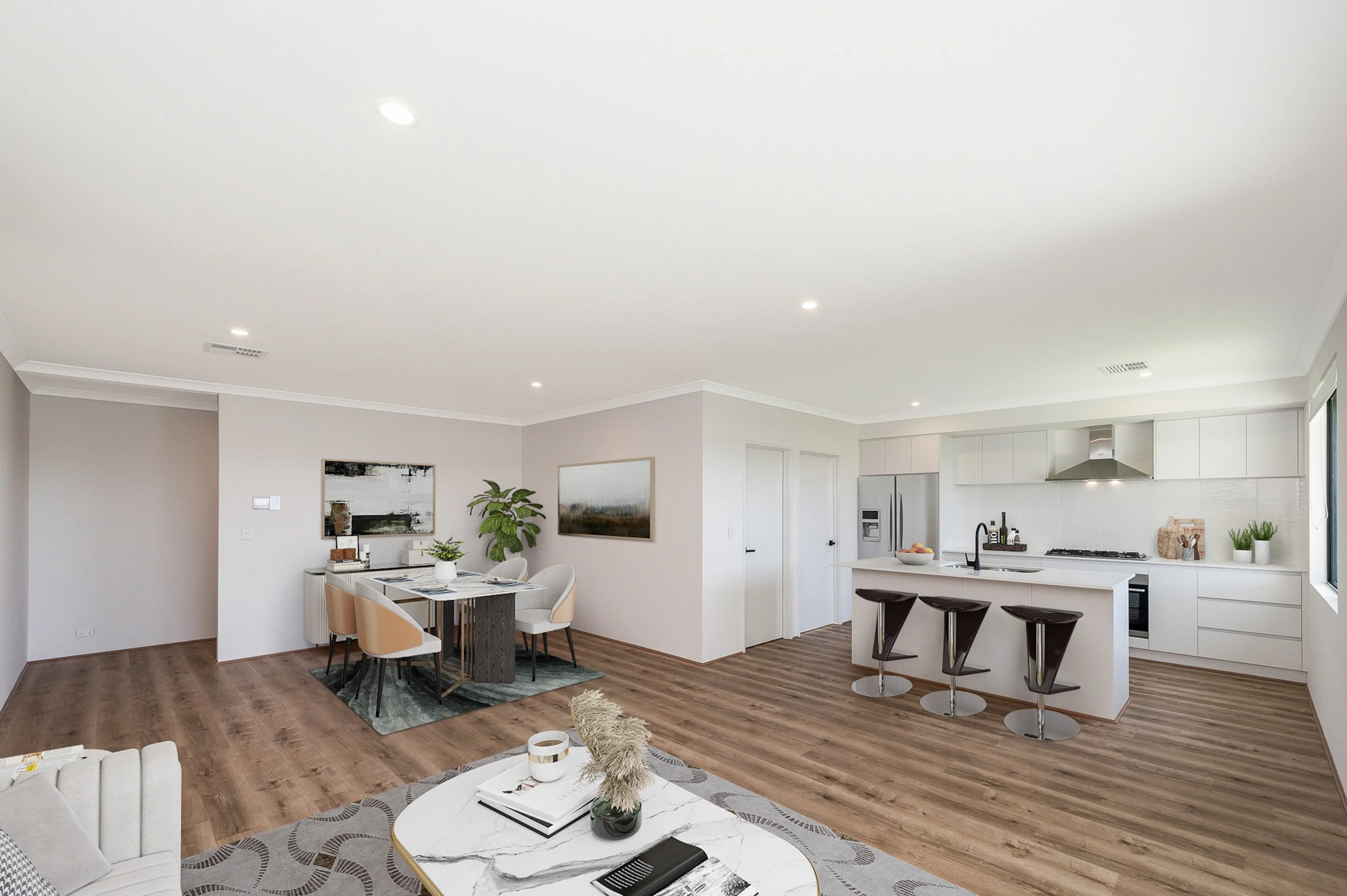 Virtual staging for an open-plan kitchen and lounge with timber flooring and pale furnishings.