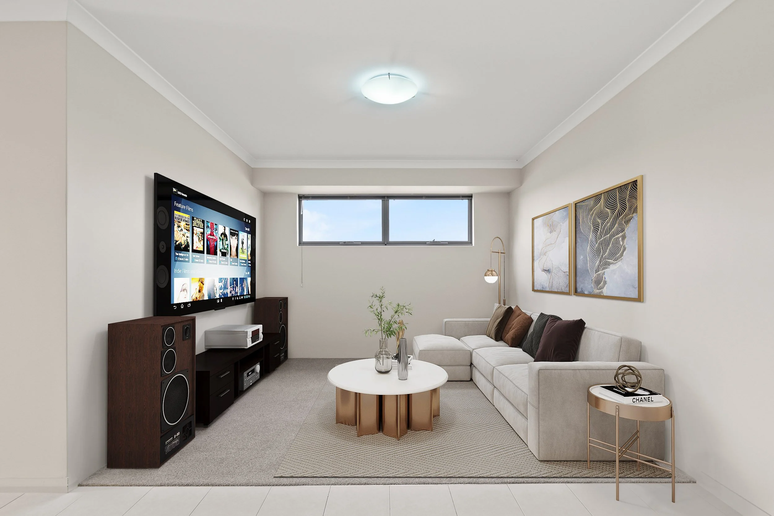 Virtually staged lounge with a corner sofa, round coffee tables and high windows.