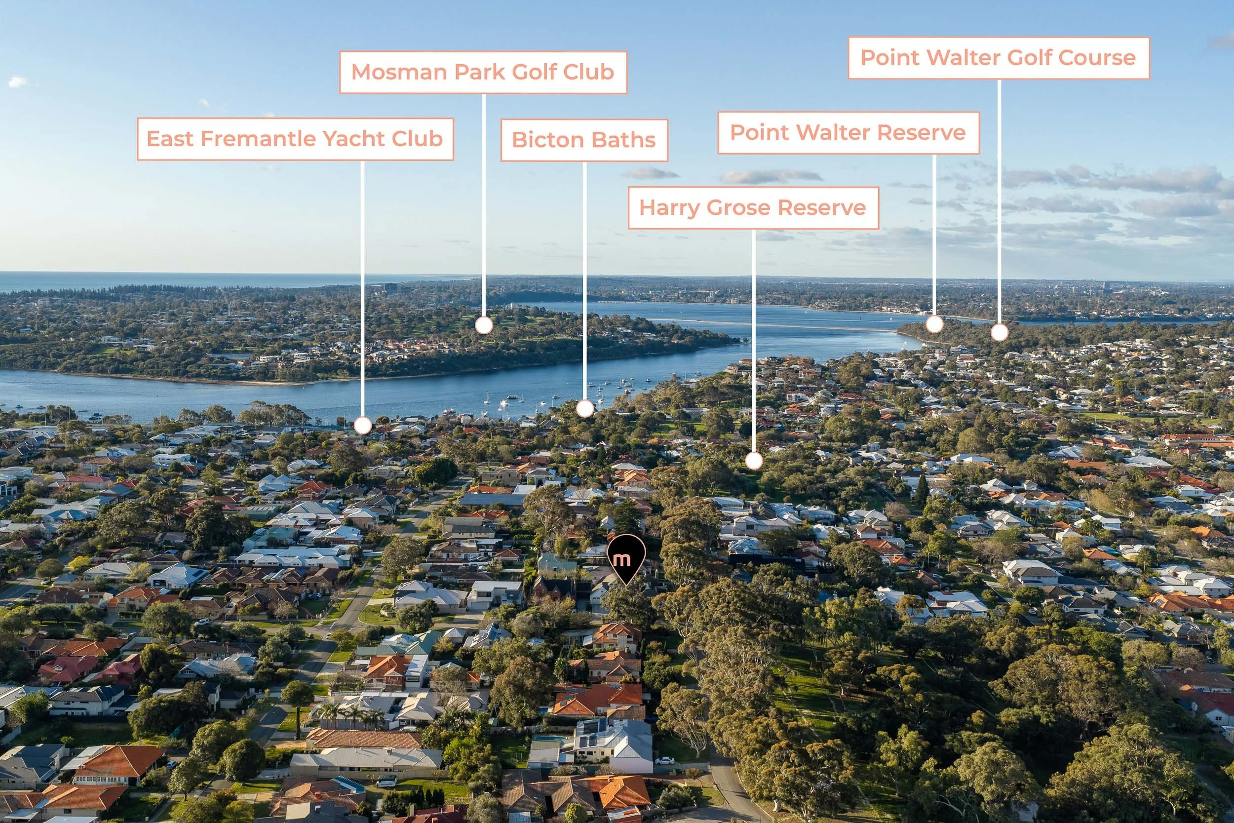 Wide neighbourhood aerial with labelled amenities and surrounding locations.