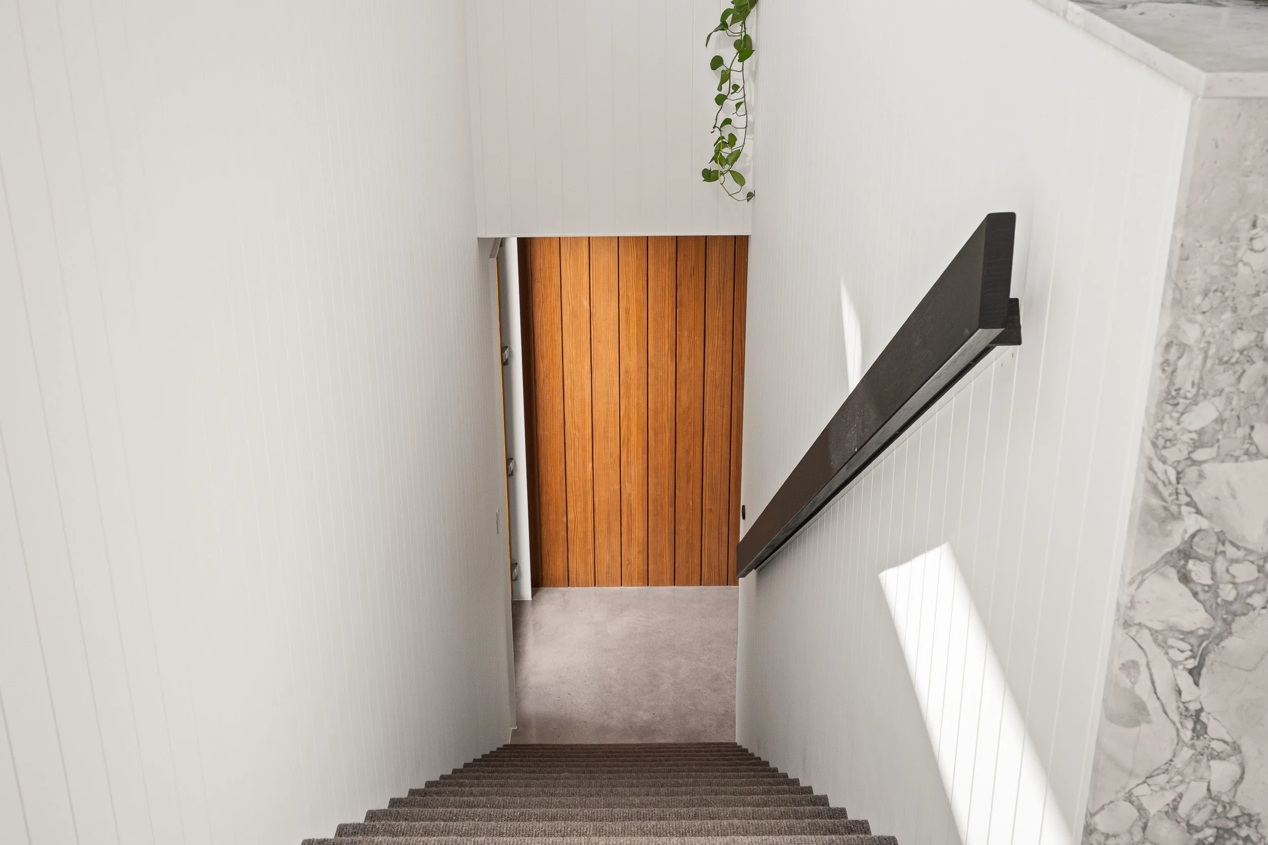 Minimal stairwell with grey steps, a dark handrail and a timber door.