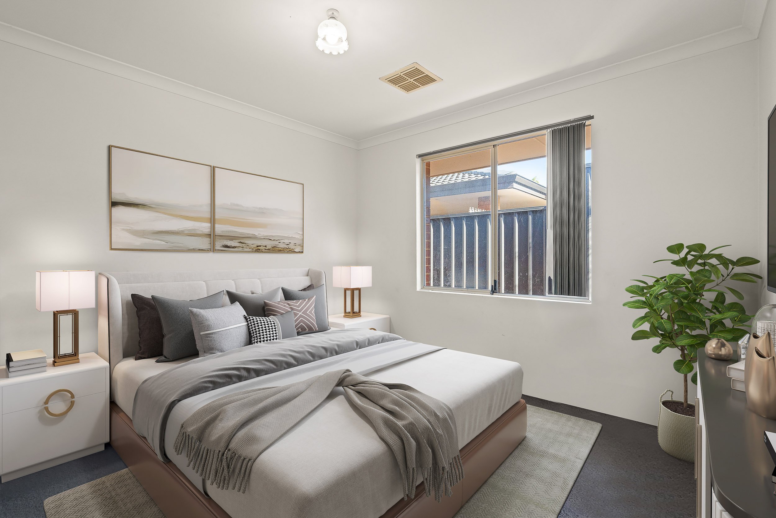 Virtually staged bedroom with layered neutral bedding, a bench at the foot of the bed and dark flooring.