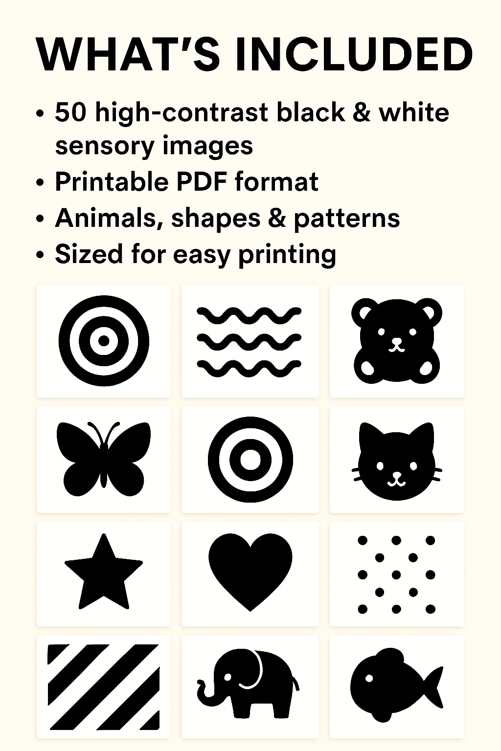 50 Pack Baby Sensory Printables | High‑Contrast Black & White Visual Cards
