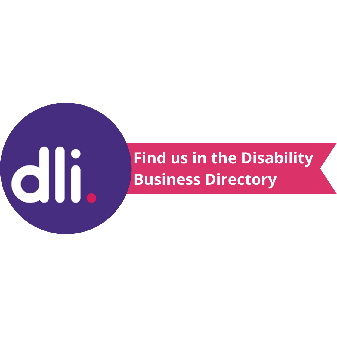 A logo of a purple circle with white letters that say DLI and a pink ribbon with white text that says Find us in the Disability Business Directory