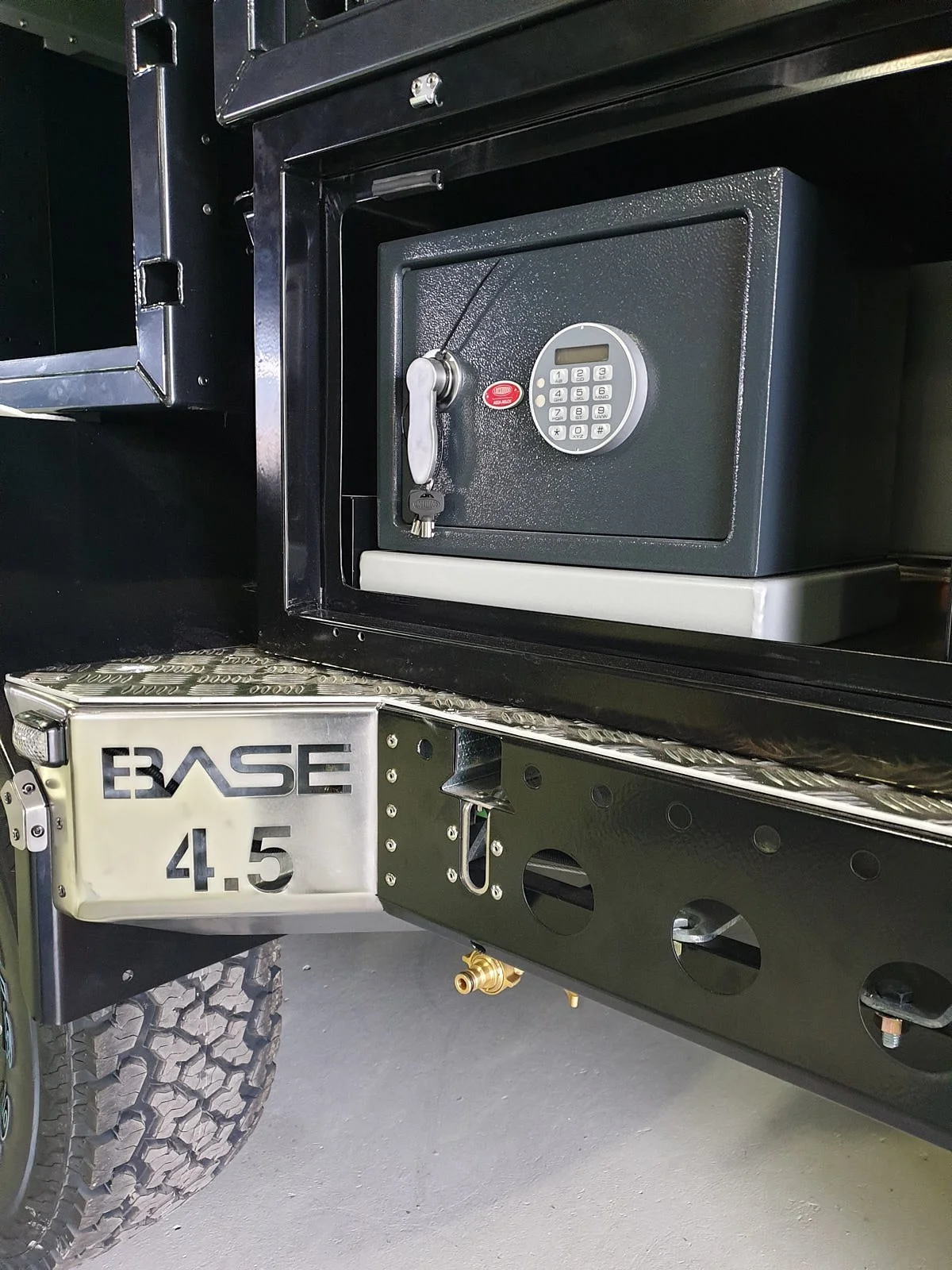   Our modular system allows the inclusion of all manner of additional items, here we see a small safe having been installed into a toy hauler build. 
 Internally Secured Safe  