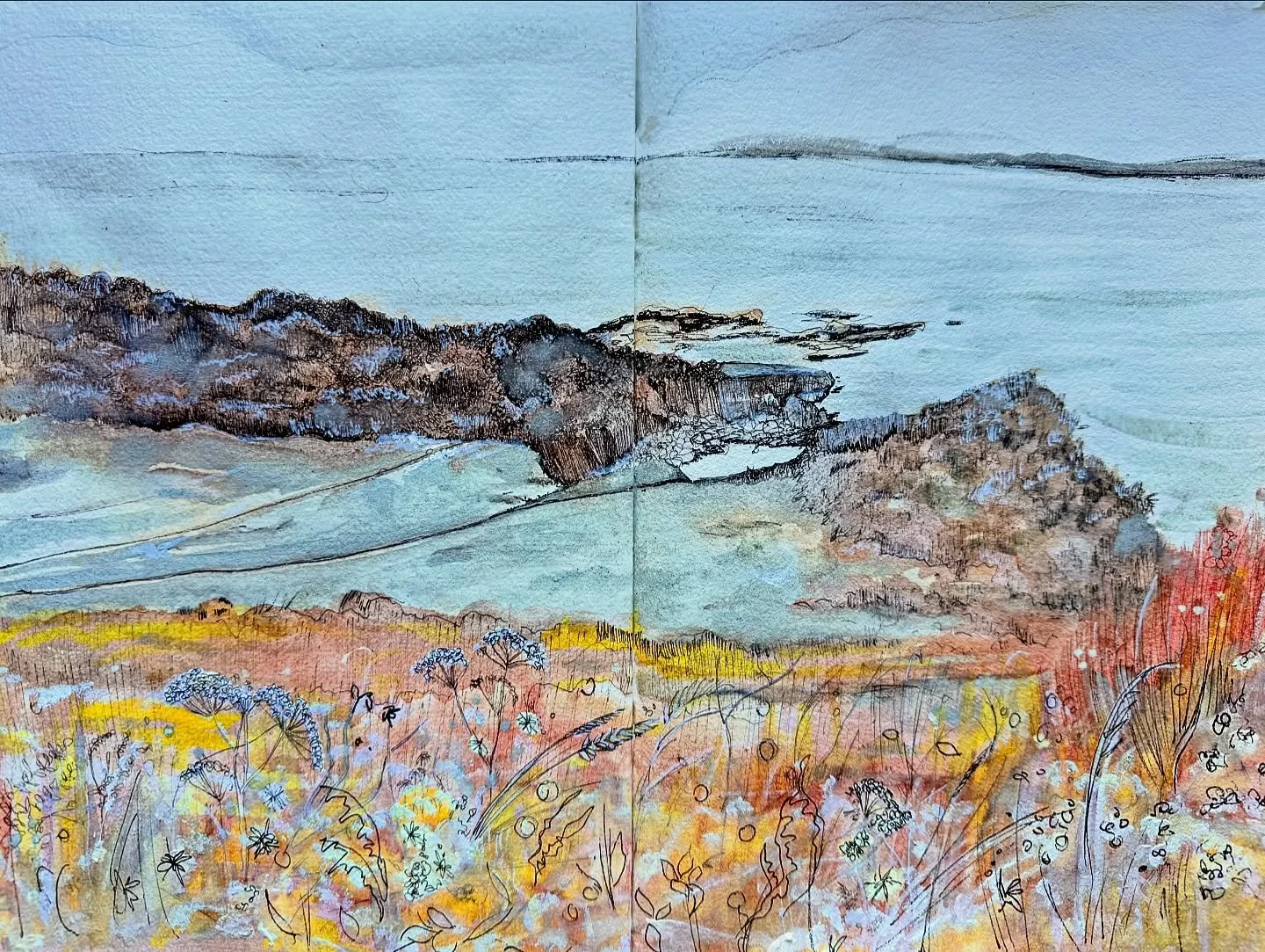 More sketchbook visits to Heysham Village while sitting at St Patrick’s Chapel. I’ve been playing with some new art materials made by @florence_paintmakers (egremont red ink, st bees yellow watercolour and honester green watercolour) whic