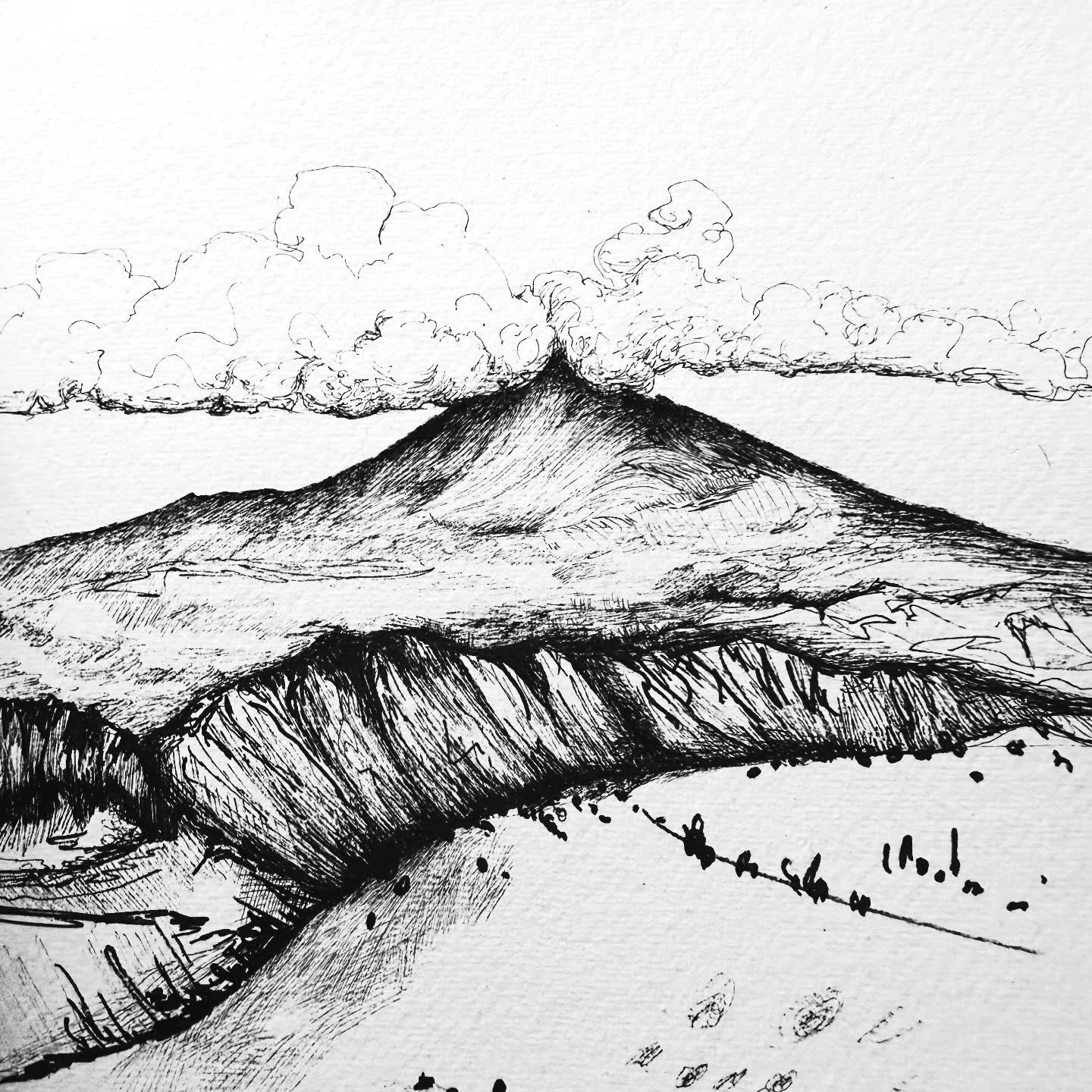Back to the drawing board, here&rsquo;s Mount Etna, smoking away in ink.