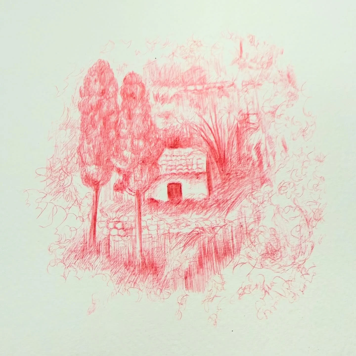 Red biro drawing of a little farm house in the hills of #castelmola in Sicily. I like using red for drawing Sicily as I think it fits perfectly with a volcanic island, it is hot! It&rsquo;s hard to get depth with a biro, but I like the challenge even