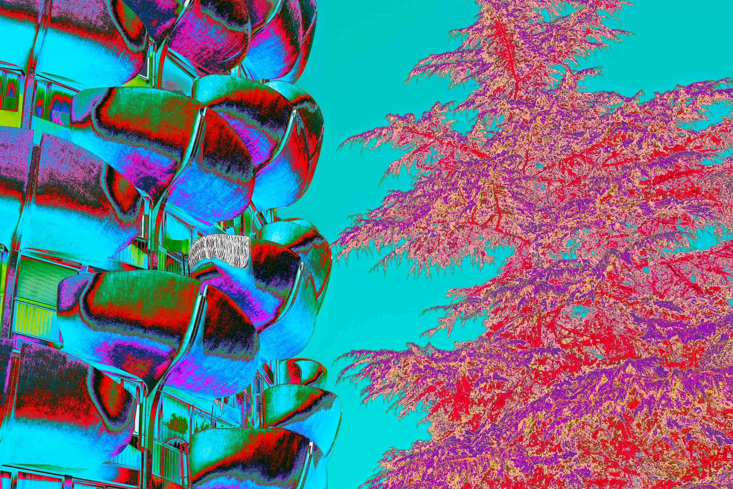 Photographie de la série Choux sublimes de Christian Goetghebeur, consacrée à l’architecture des Choux de Créteil conçue par Gérard Grandval. Vue en contre-plongée des balcons et d'un sapin, interprétés par la couleur et la lumière.
