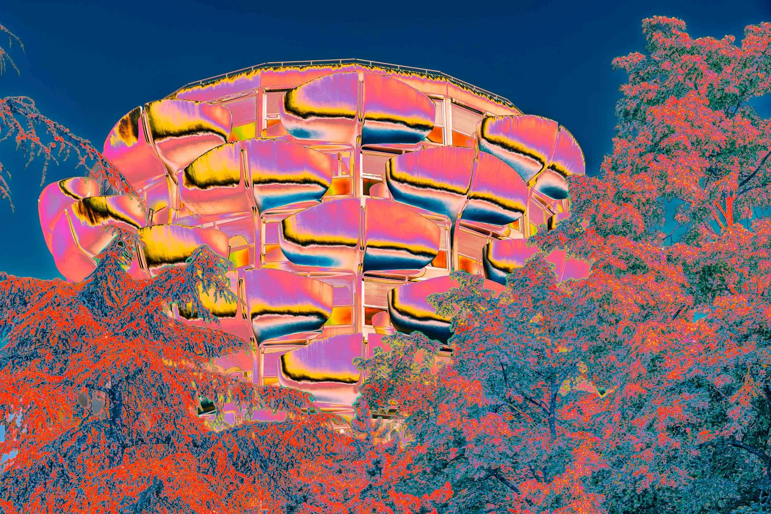 Photographie de la série Choux sublimes de Christian Goetghebeur, consacrée à l’architecture des Choux de Créteil conçue par Gérard Grandval. Vue  des balcons aux formes organiques inondés d'arbres, interprétés par la couleur et la lumière.