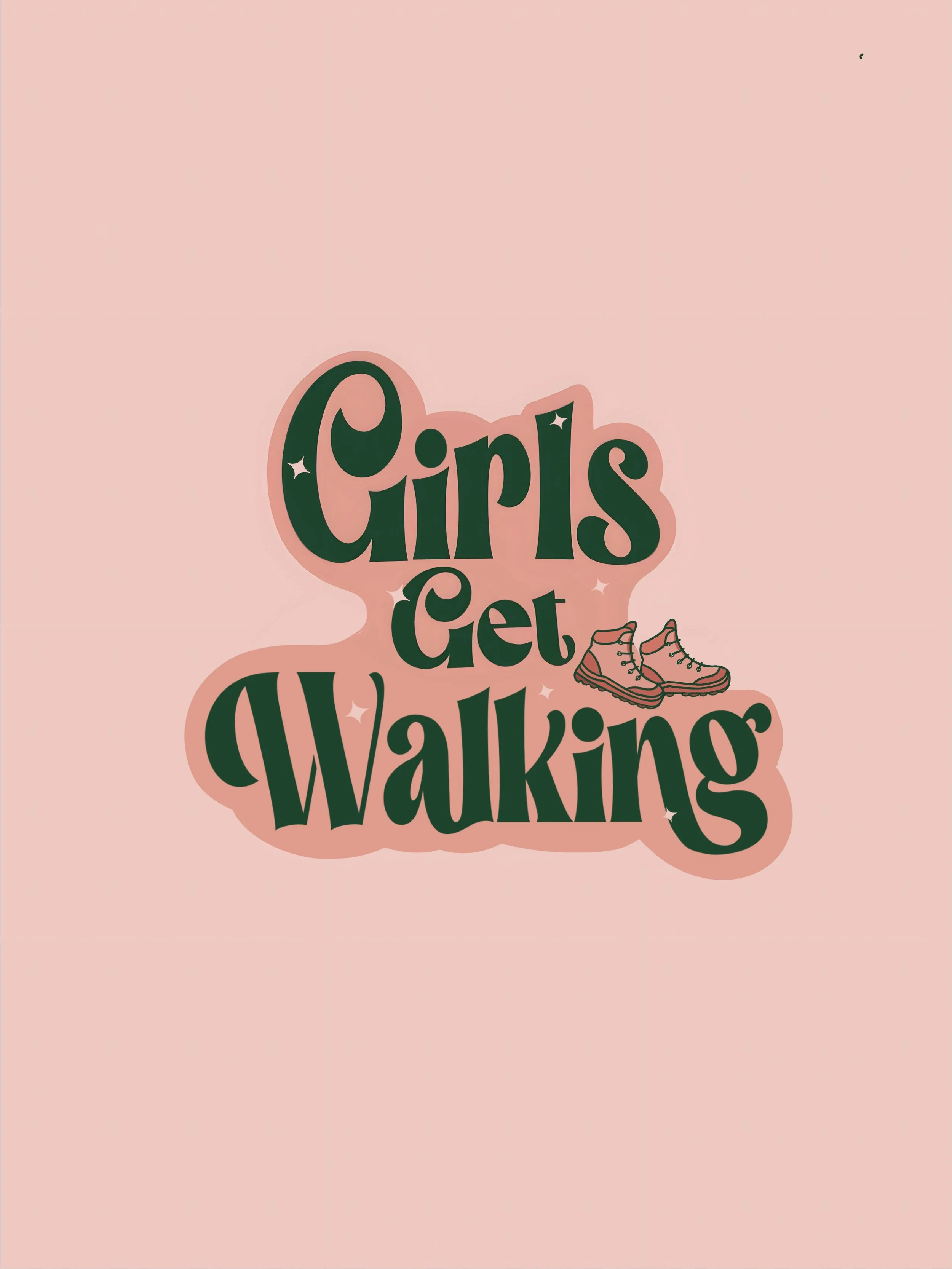 Pink background with green text that reads 'Girls Get Walking' and an illustration of a pair of sneakers.