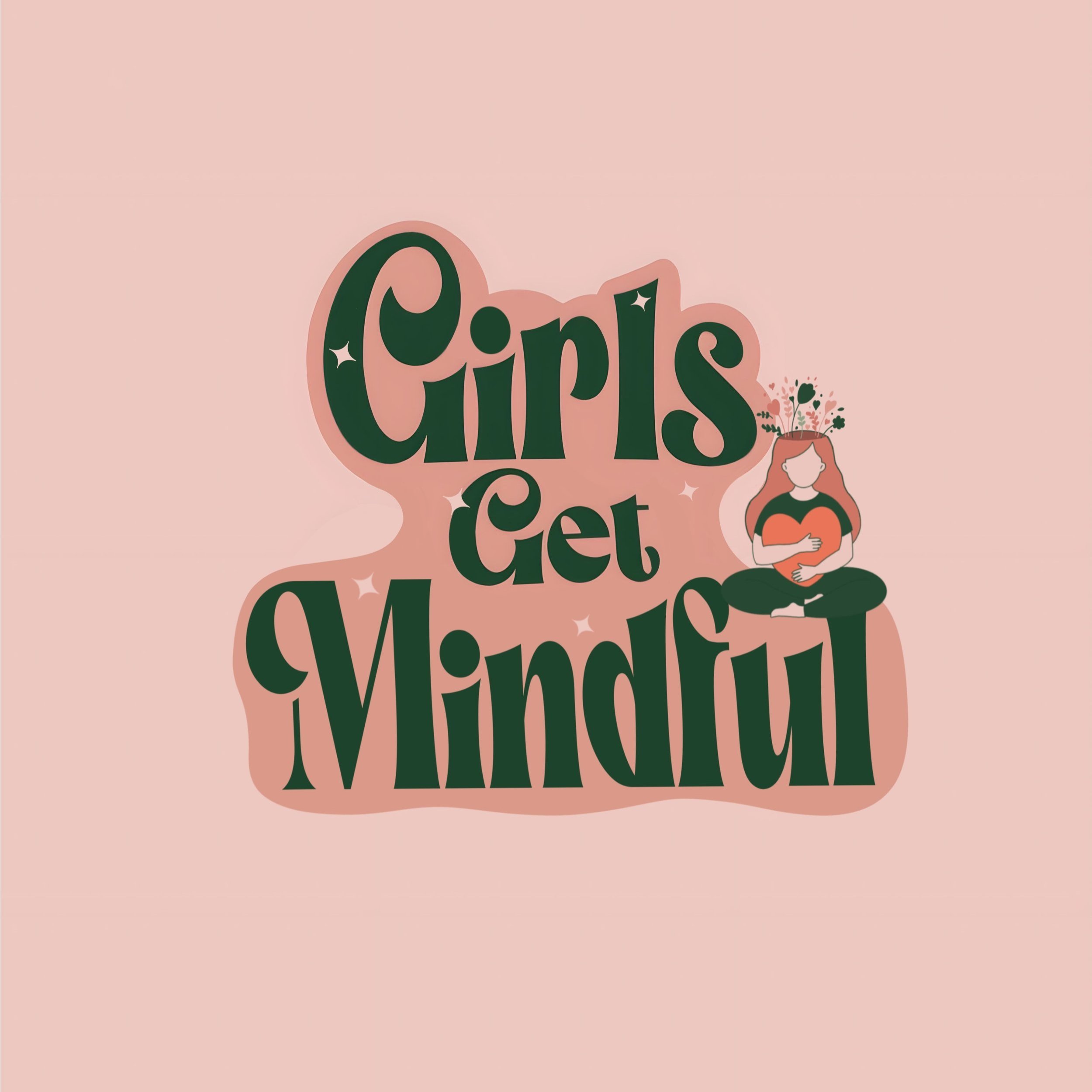 Stylized illustration with the text 'Girls Get Virtual' in bold, artistic font, featuring a girl with red hair sitting cross-legged, holding a heart and with a crown of flowers on her head, on a pink background.