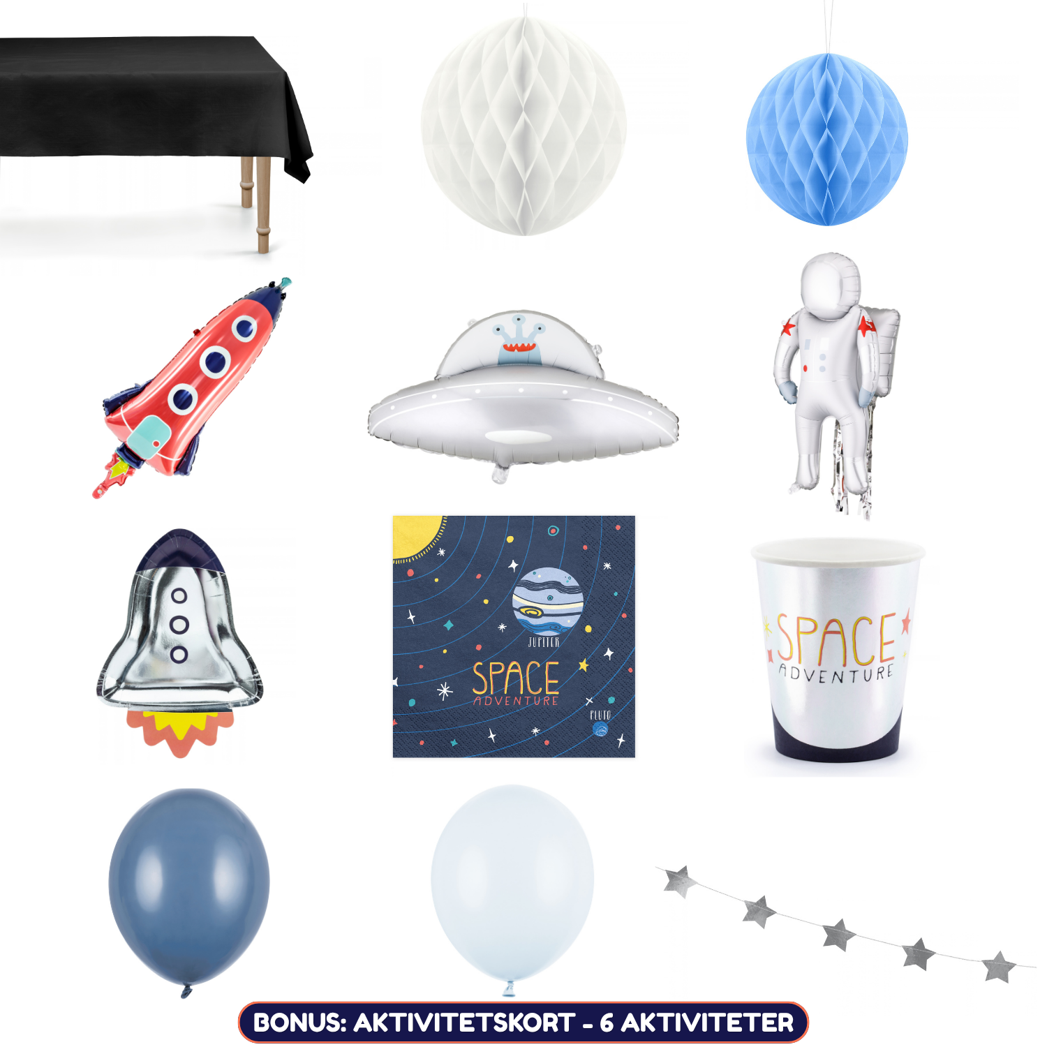 Utvalg av bursdagspynt til verdensromtema med ballonger, honeycombs, astronaut, UFO og rakett