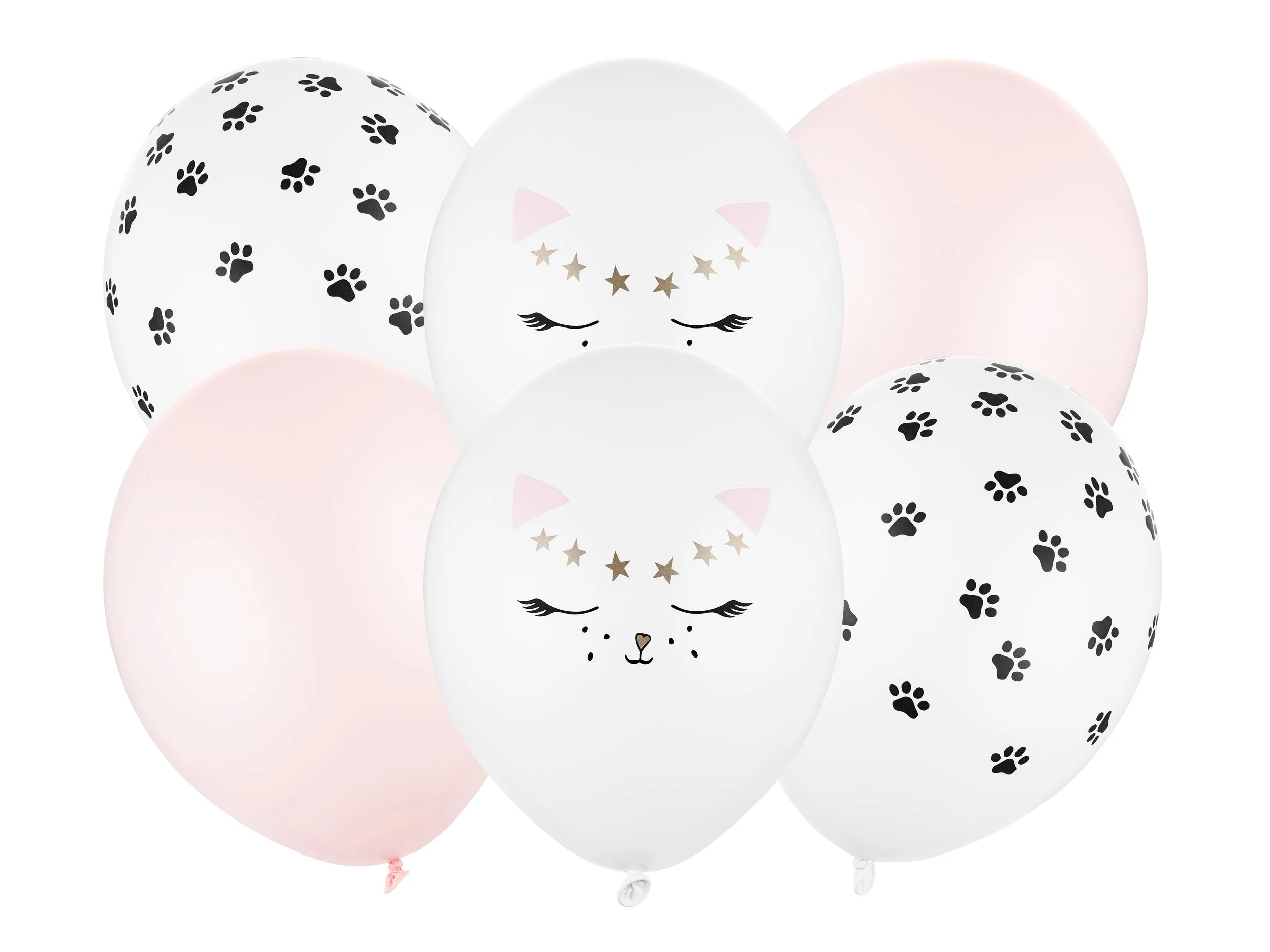 Rosa, hvite og svarte ballonger med katte- og potemotiv til kattefest