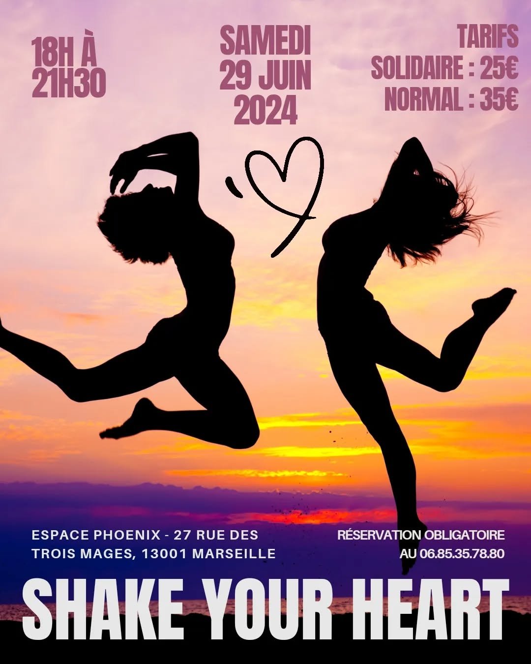 💓💓💓 SHAKE YOUR HEART - DANSE EXTATIQUE 💓💓💓

Nouvel atelier de danse extatique &agrave; Marseille !

Au programme :
🙆 quelques exercices pour (r)&eacute;veiller votre intuition,
🫁 une s&eacute;ance de respiration DMT,
💃 et enfin, la danse ext