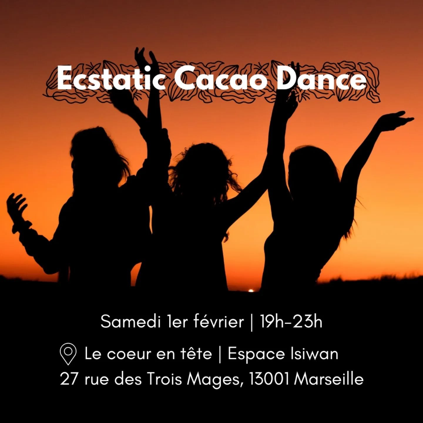 ✨🍫 ECSTATIC CACAO DANCE 🍫✨

⚠️ Inscription obligatoire, commente "cacao" pour recevoir le lien ⚠️

L'Ecstatic Cacao Dance revient en 2025 !

La m&eacute;decine du Cacao associ&eacute;e &agrave; la puissance de la dance ecstatique, cr&eacu