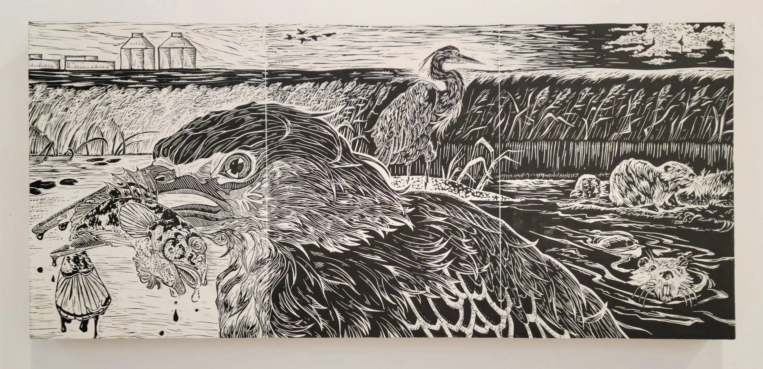 A long, horizontal black and white print depicting a bird holding a fish in the front. A bird and small rodents stand behind in the middle ground of a wetland scene. The horizon is lined with large structures, a flock of birds in flight, and clouds.